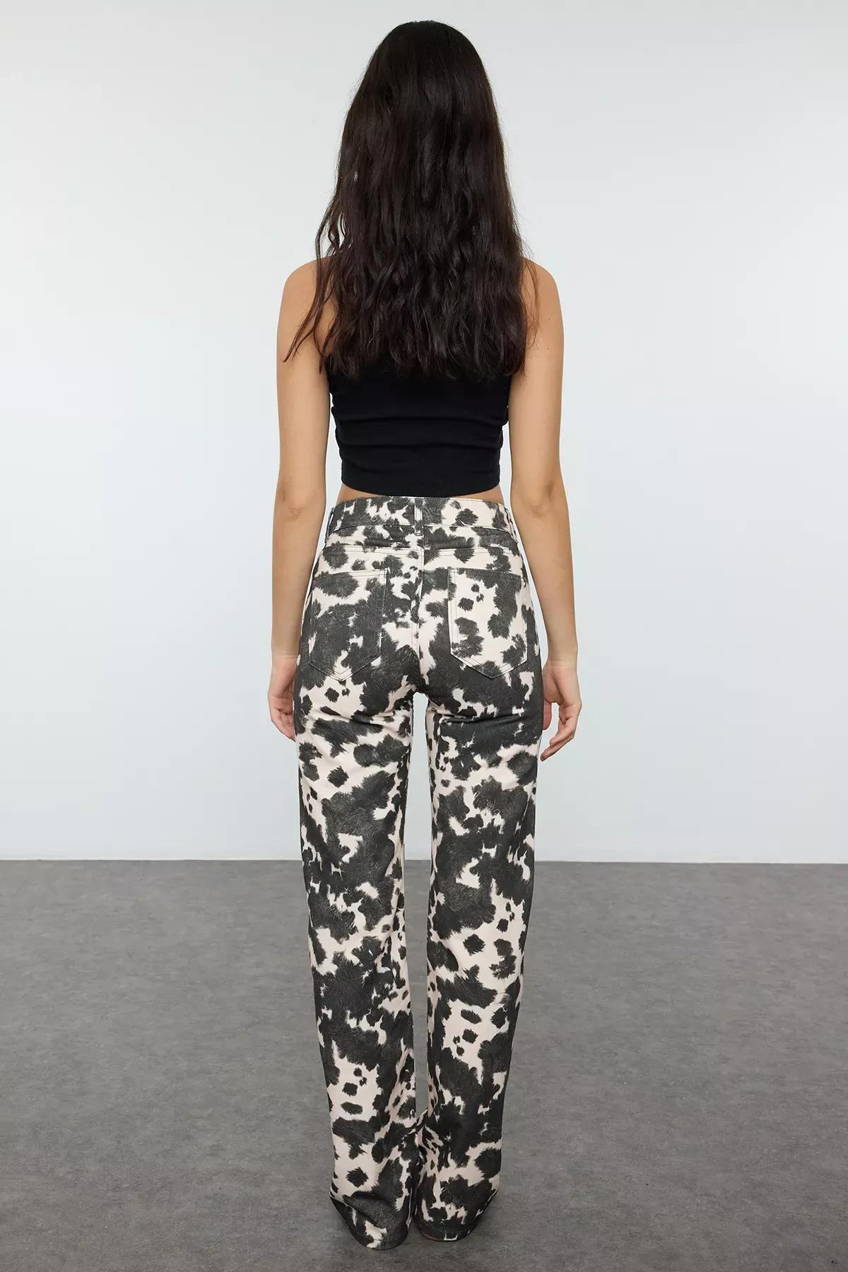 Brown Cow Print Wide Leg Jeans, , large image number 4