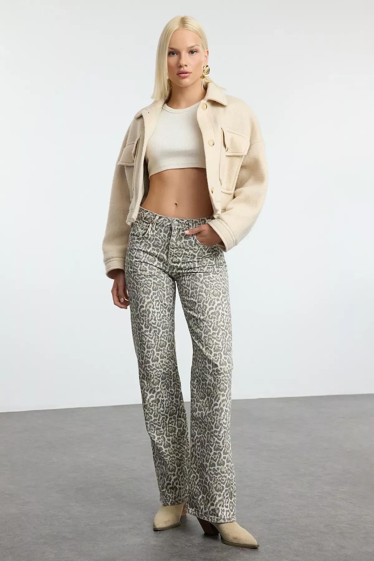 Cream Leopard Wide Leg Jeans, , medium