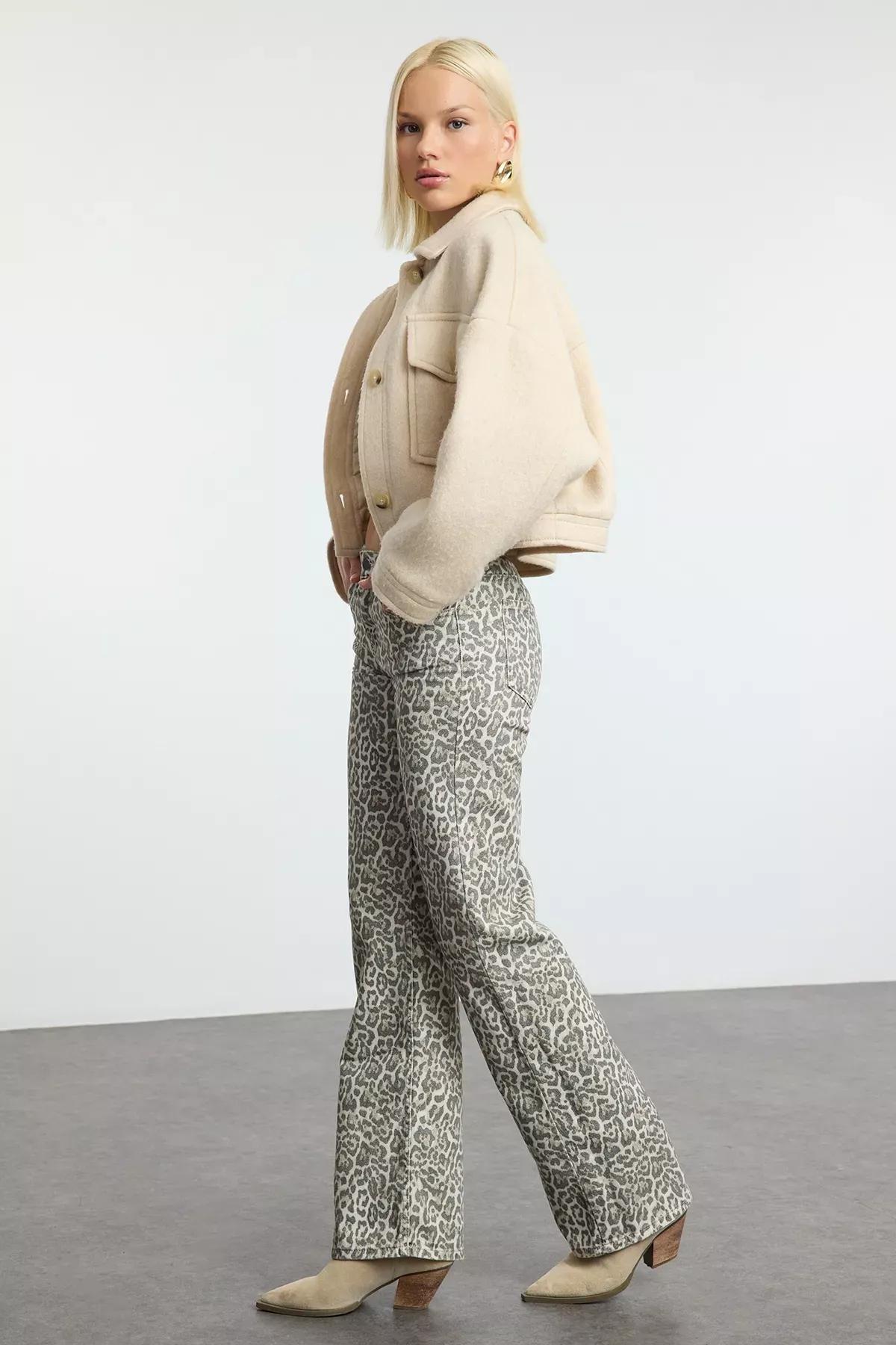 Cream Leopard Wide Leg Jeans, , large image number 1