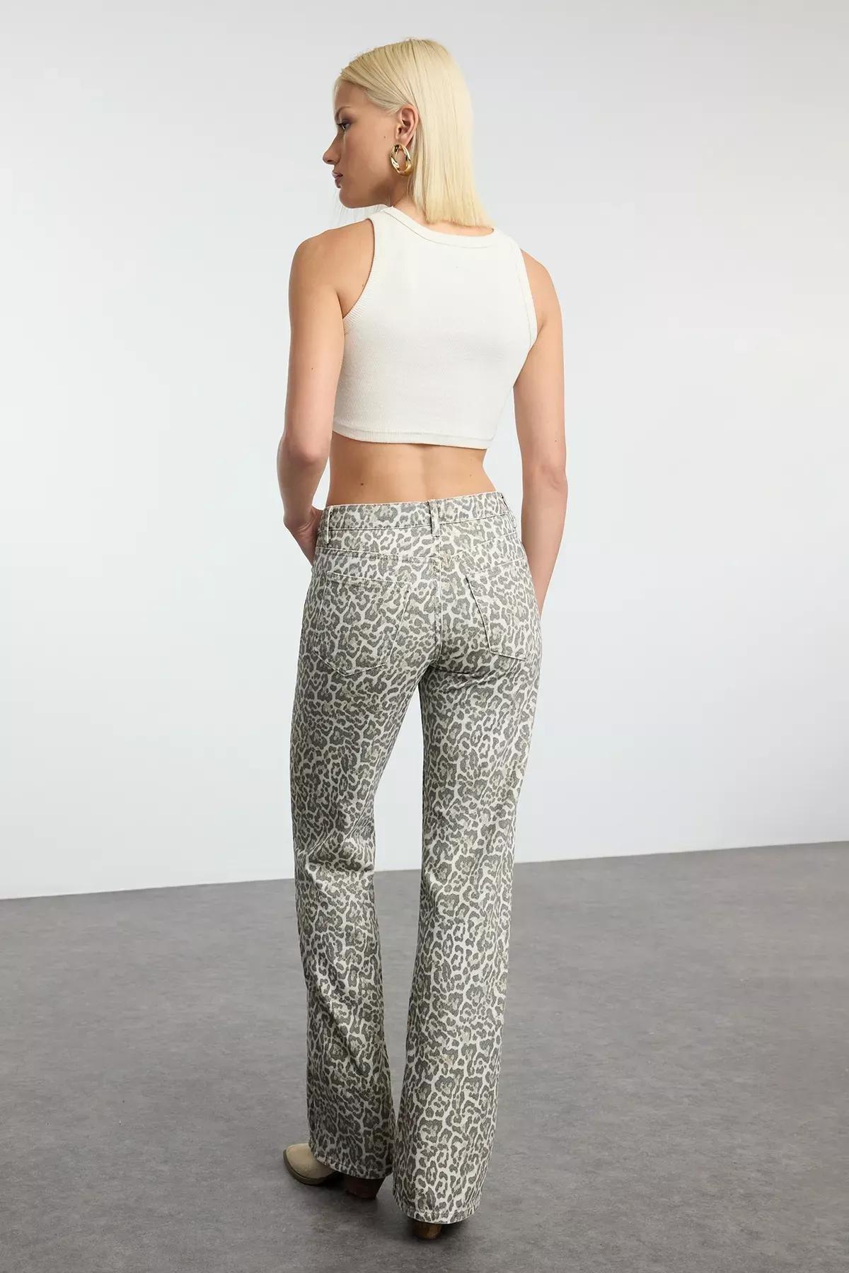 Cream Leopard Wide Leg Jeans, , large image number 4