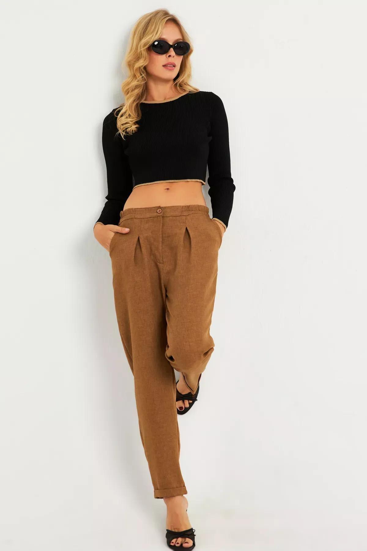 Camel Linen Trousers, , large image number 0