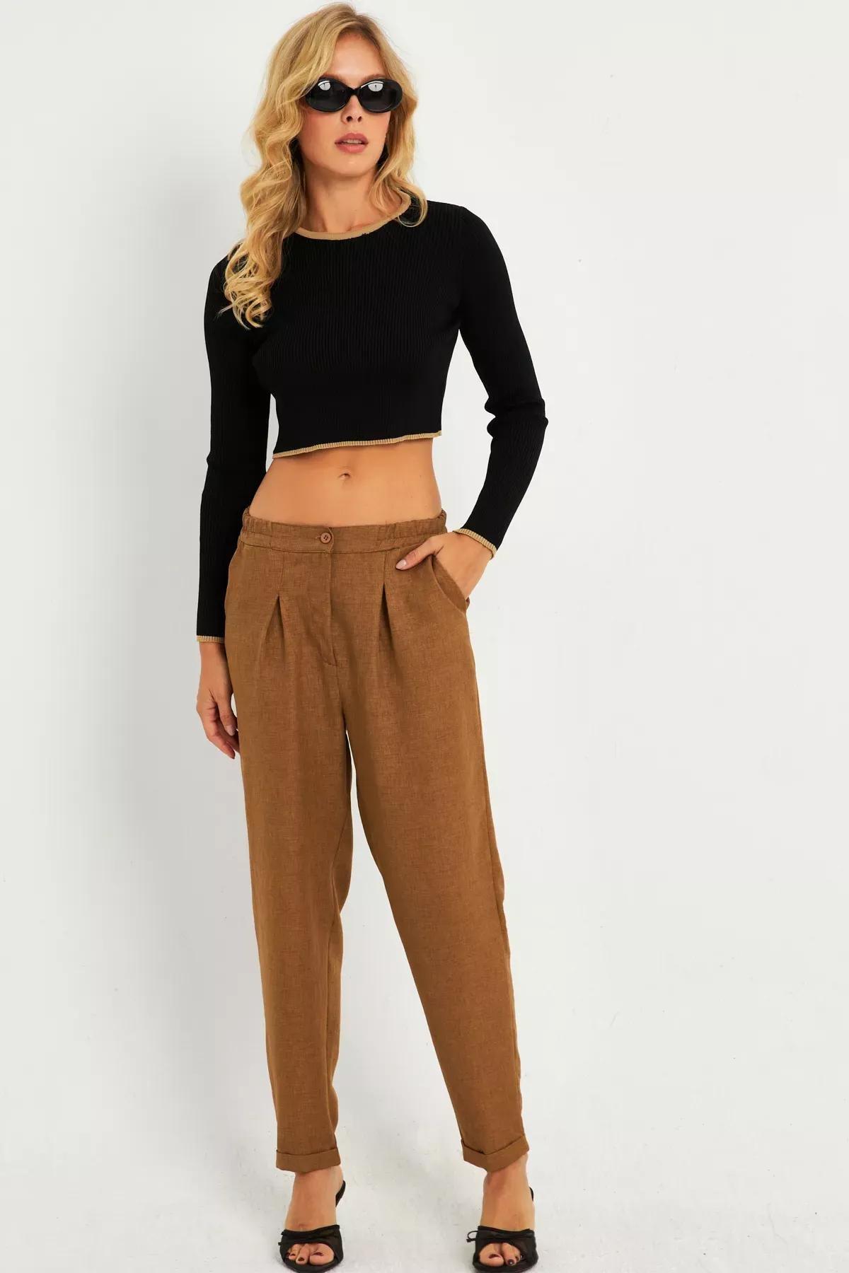 Camel Linen Trousers, , large image number 2