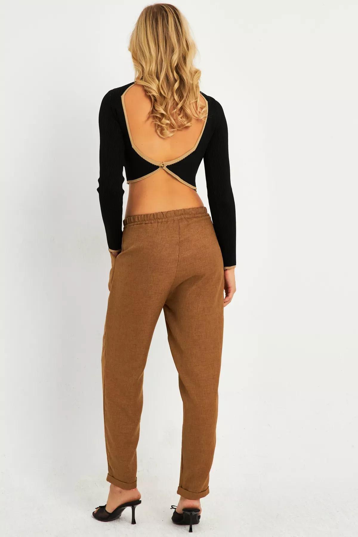 Camel Linen Trousers, , large image number 3