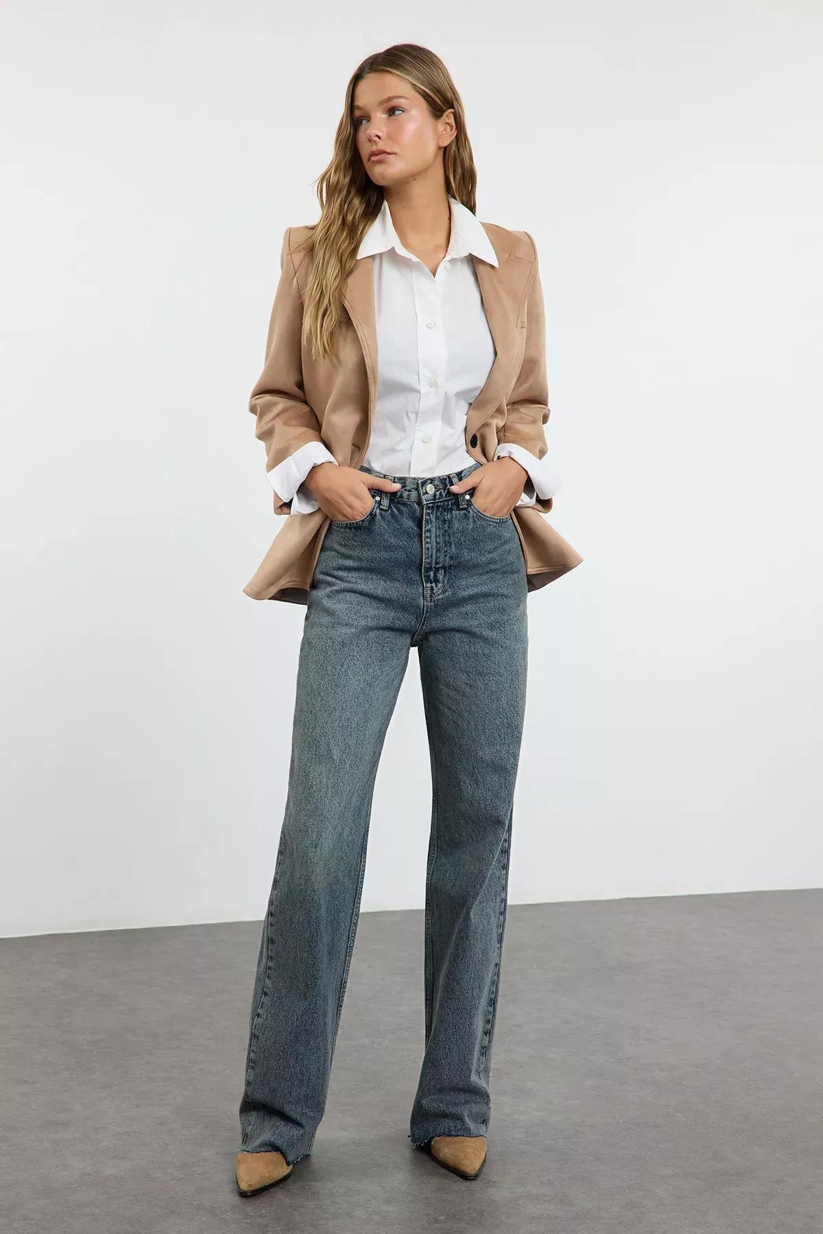 Blue High-Waist Wide Leg Jeans, , large image number 0