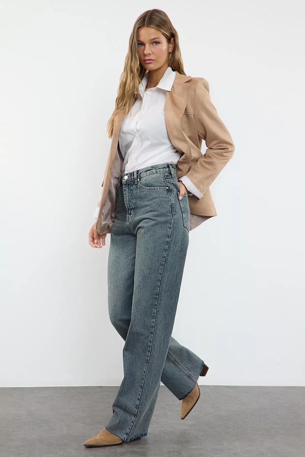 Blue High-Waist Wide Leg Jeans, , large image number 1