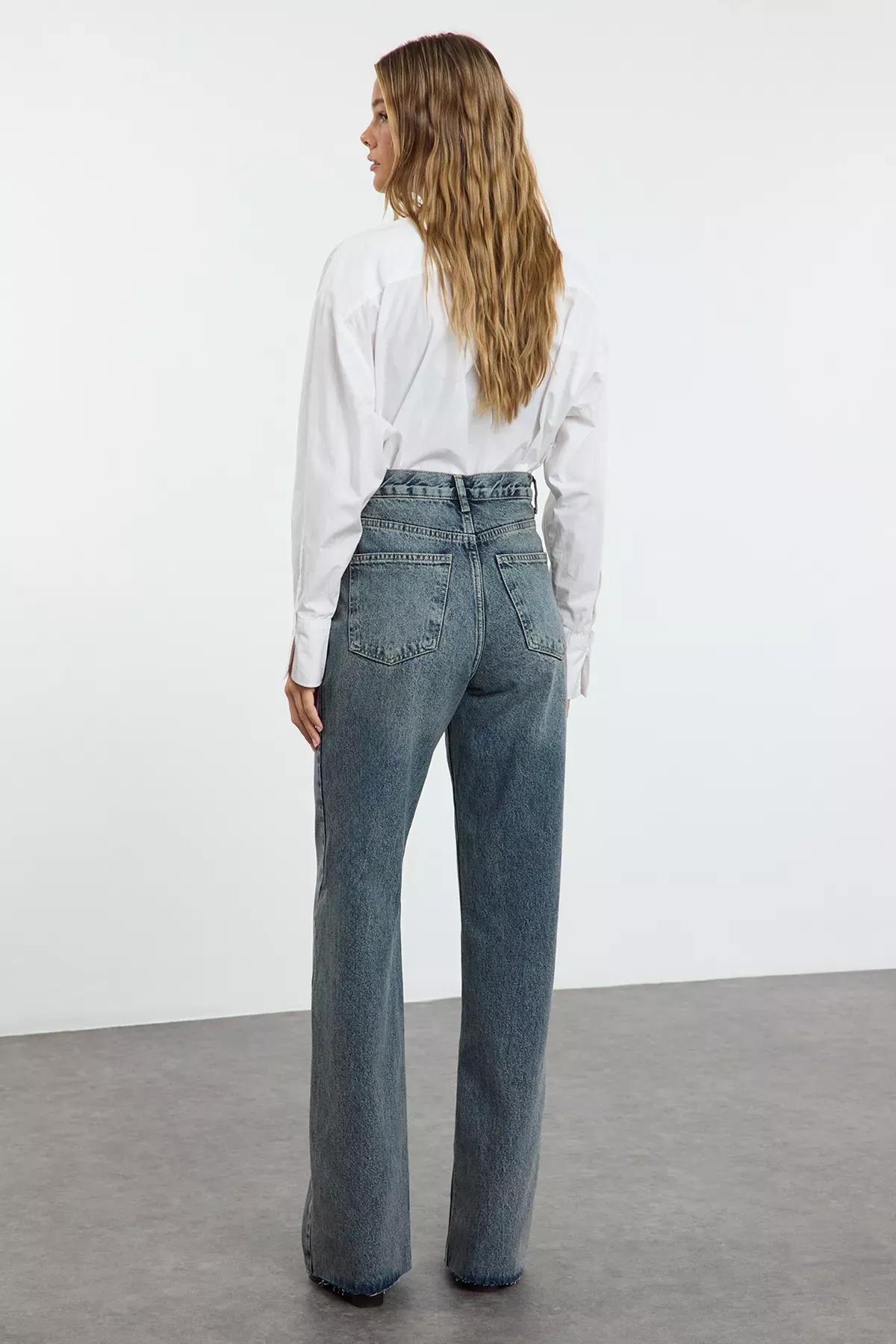 Blue High-Waist Wide Leg Jeans, , large image number 4