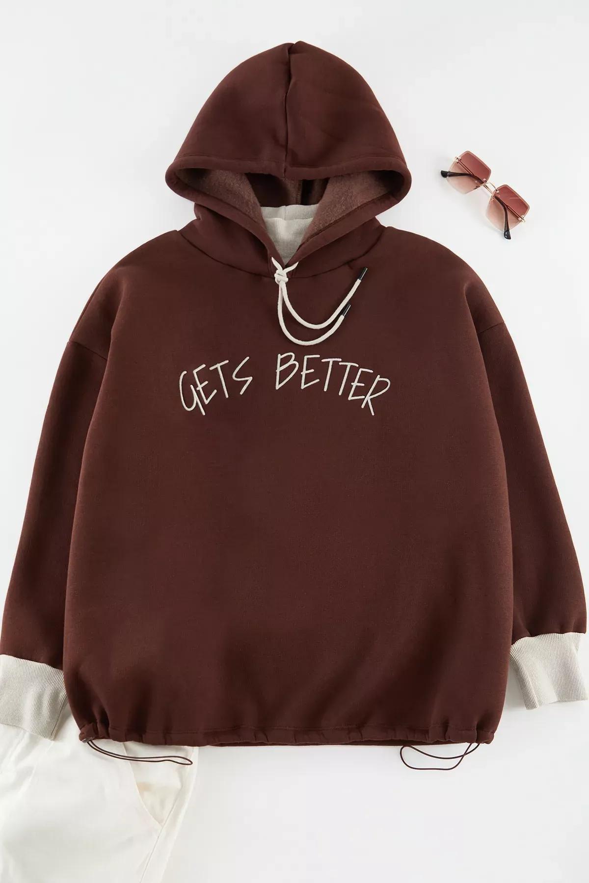 Brown Oversized Ribbed Printed Plus-Size Sweatshirt, , large image number 0