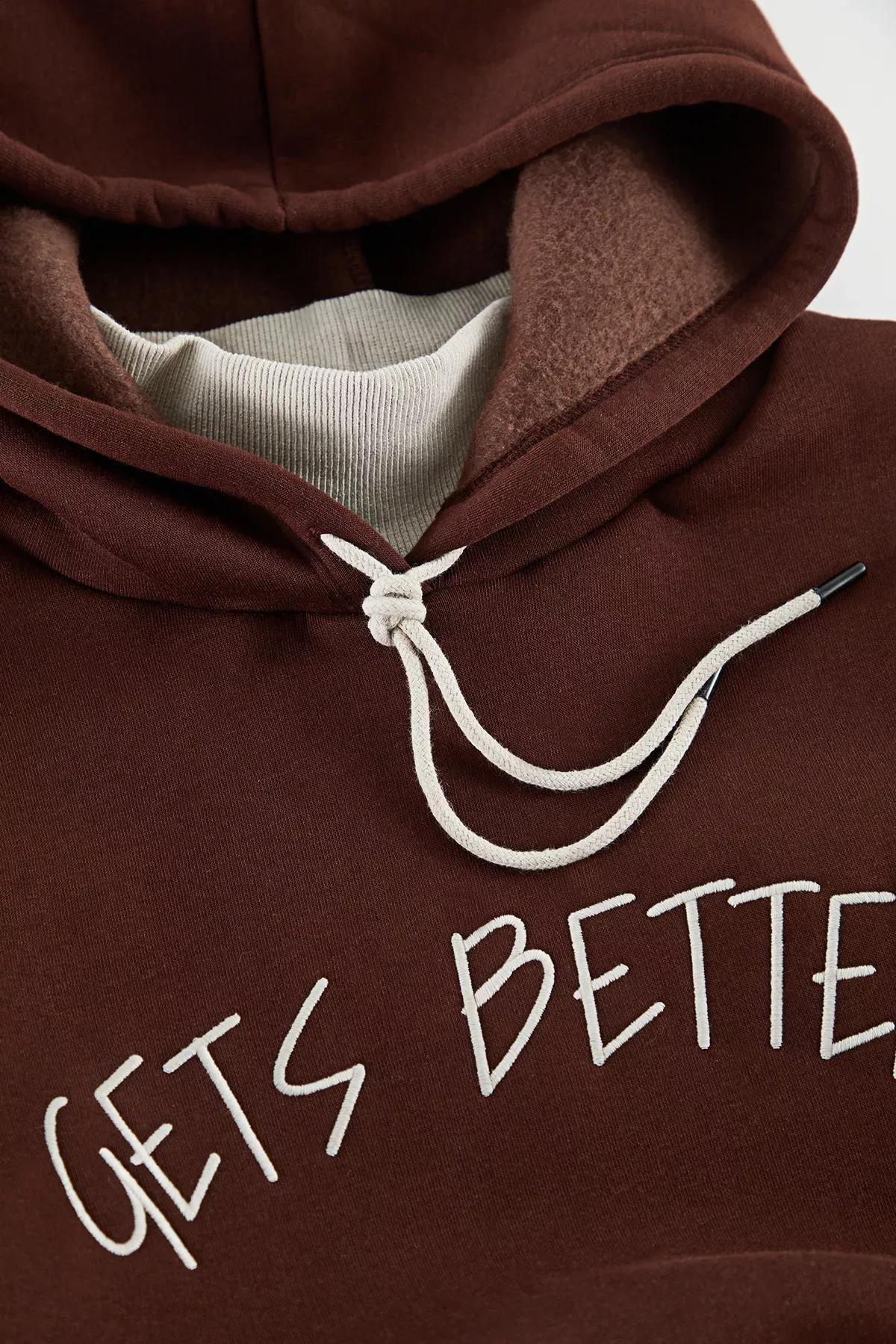 Brown Oversized Ribbed Printed Plus-Size Sweatshirt, , large image number 1