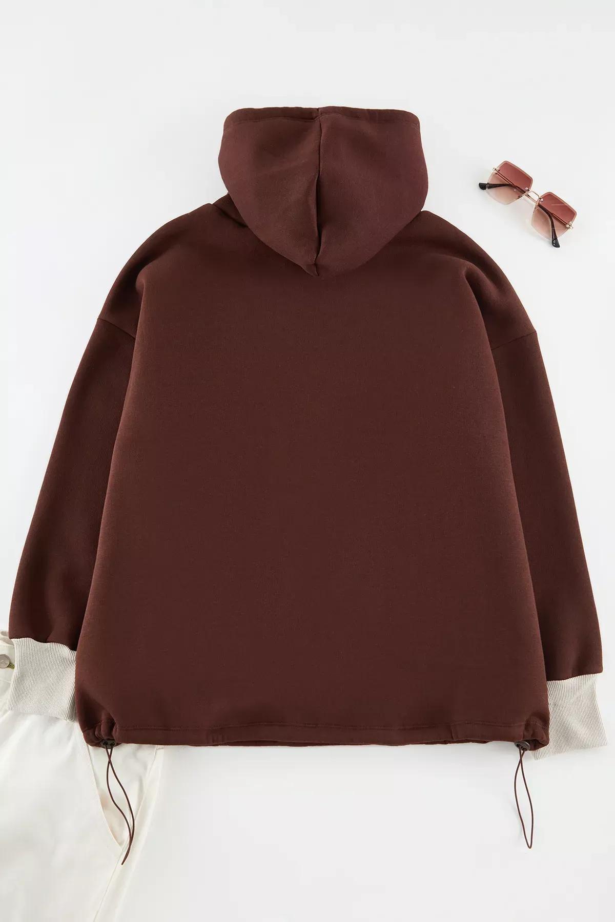 Brown Oversized Ribbed Printed Plus-Size Sweatshirt, , large image number 3