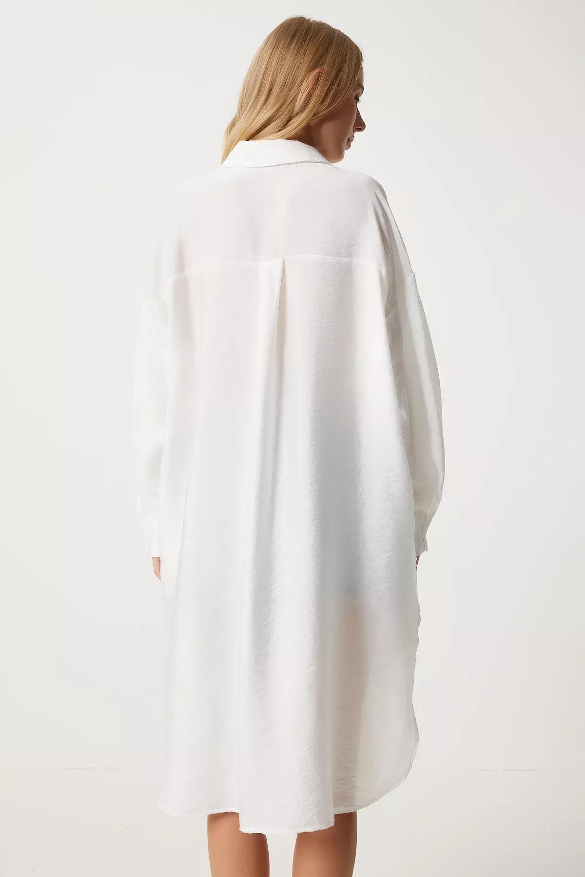 White Slit Oversize Shirt Dress, Ecru, large image number 4