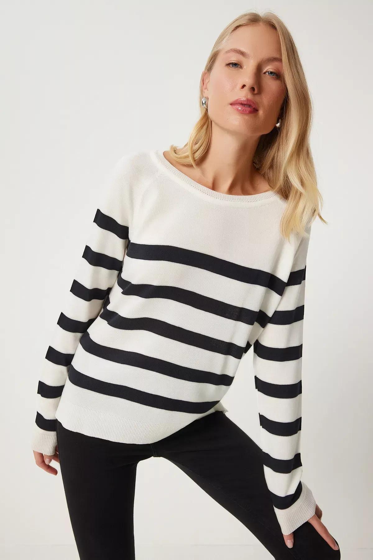 Beige Striped Casual Knit Blouse,, Ecru, large image number 1