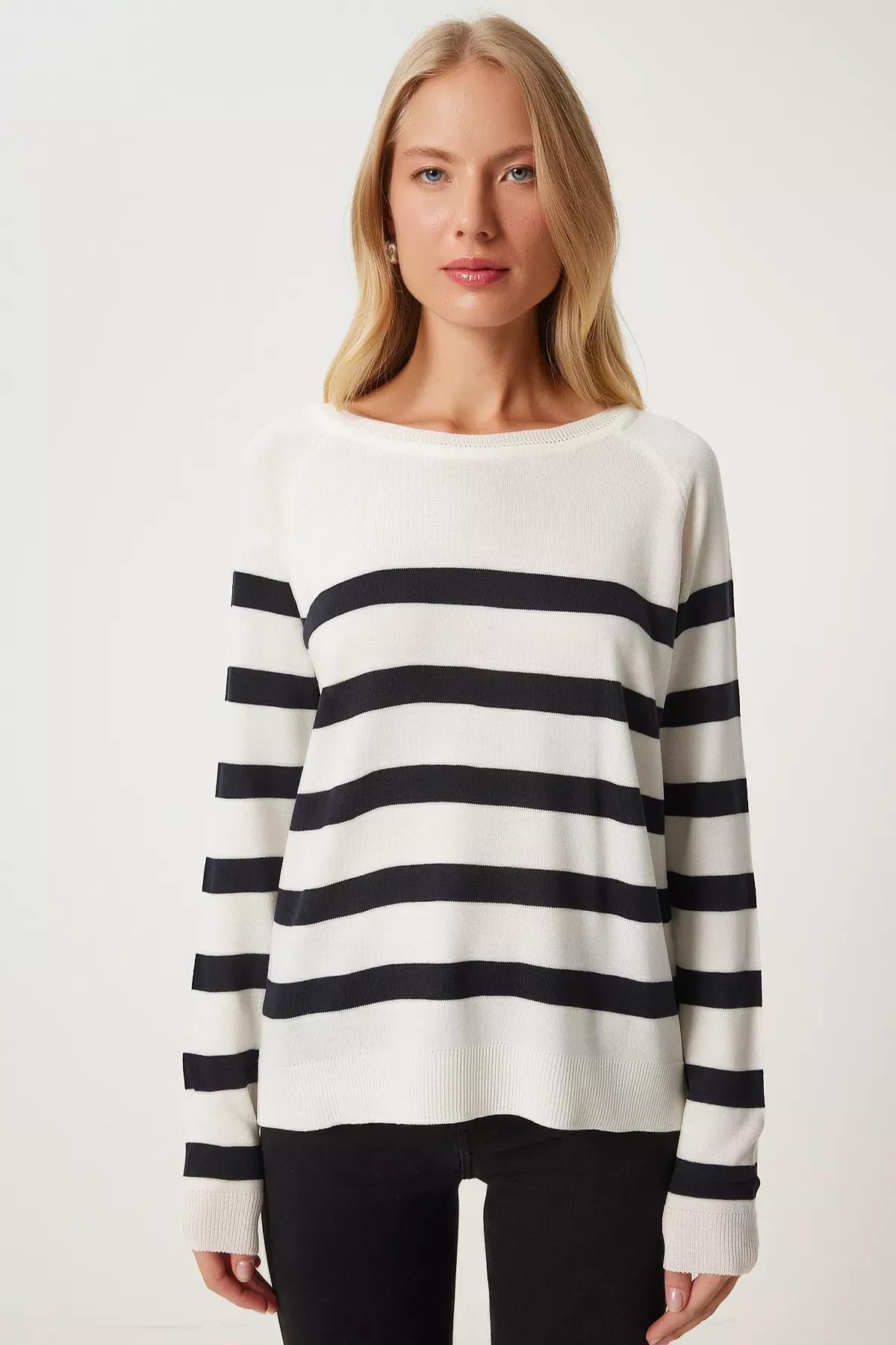 Beige Striped Casual Knit Blouse,, Ecru, large image number 2