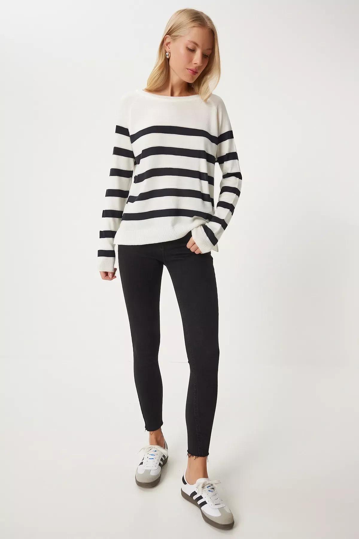 Beige Striped Casual Knit Blouse,, Ecru, large image number 3