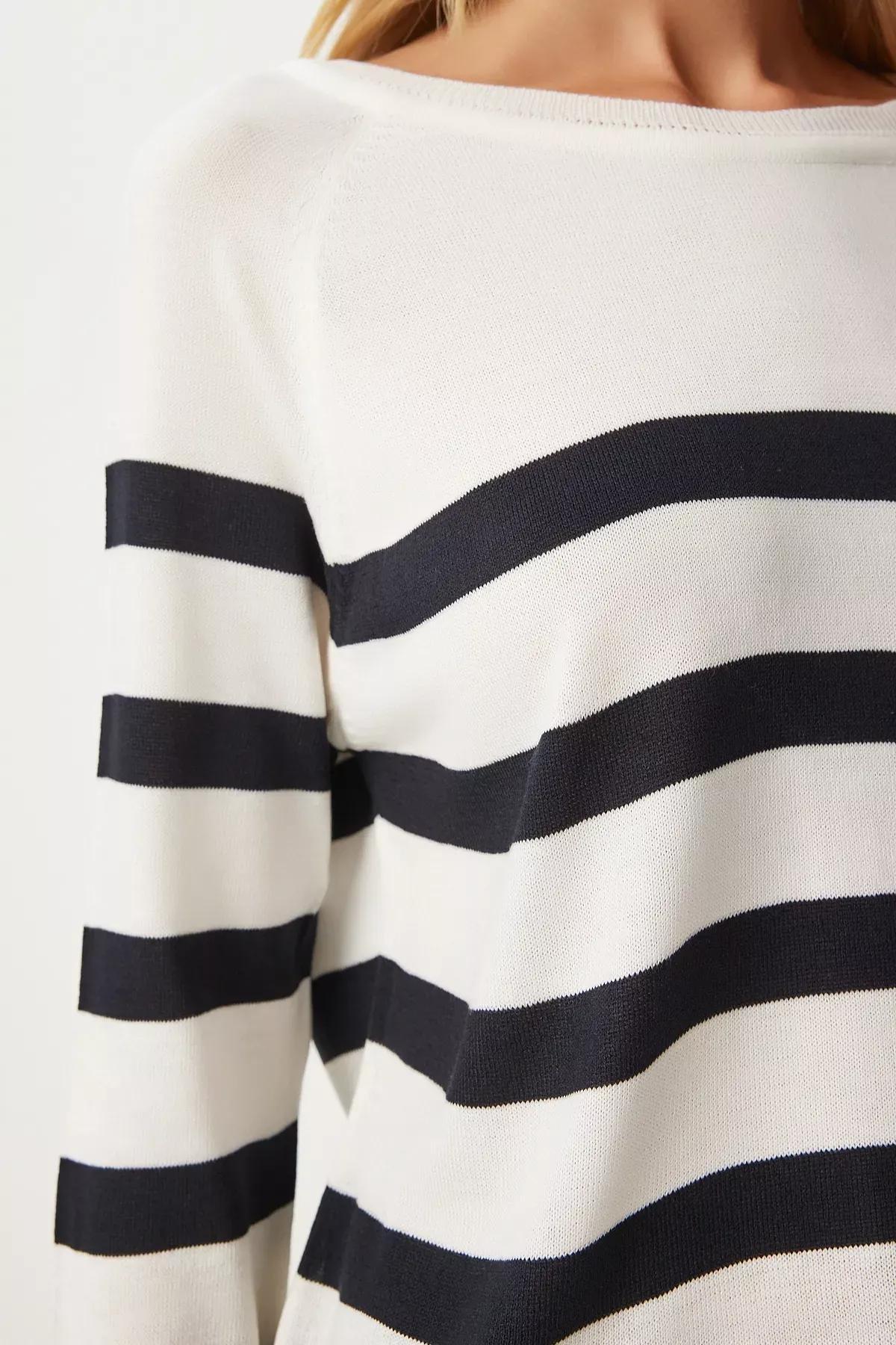 Beige Striped Casual Knit Blouse,, Ecru, large image number 4