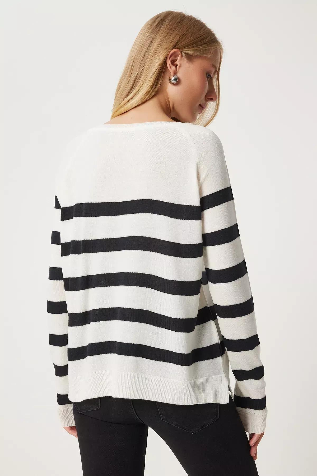Beige Striped Casual Knit Blouse,, Ecru, large image number 5