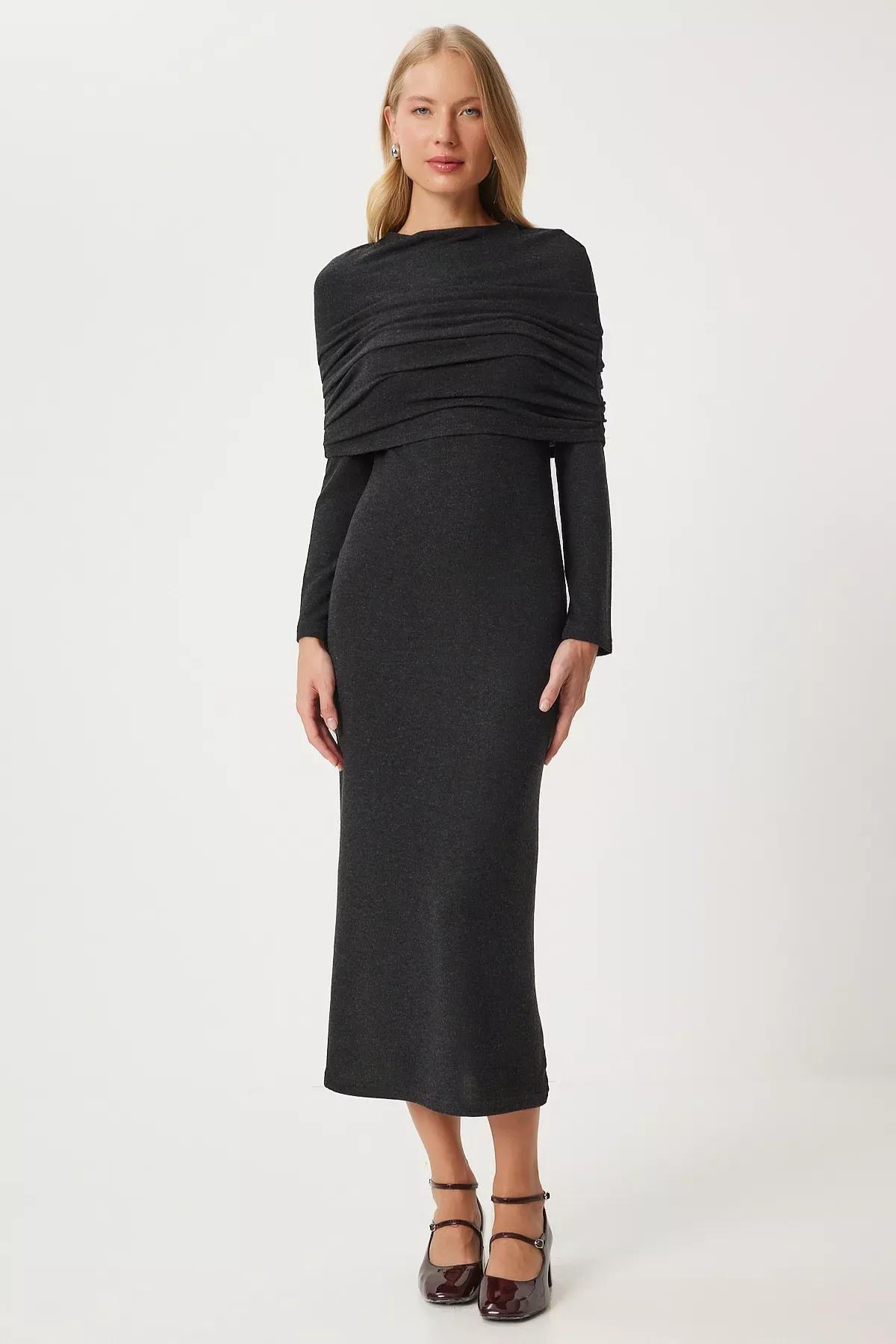 Grey Collared Long Knitted Dress, Anthracite, large image number 0