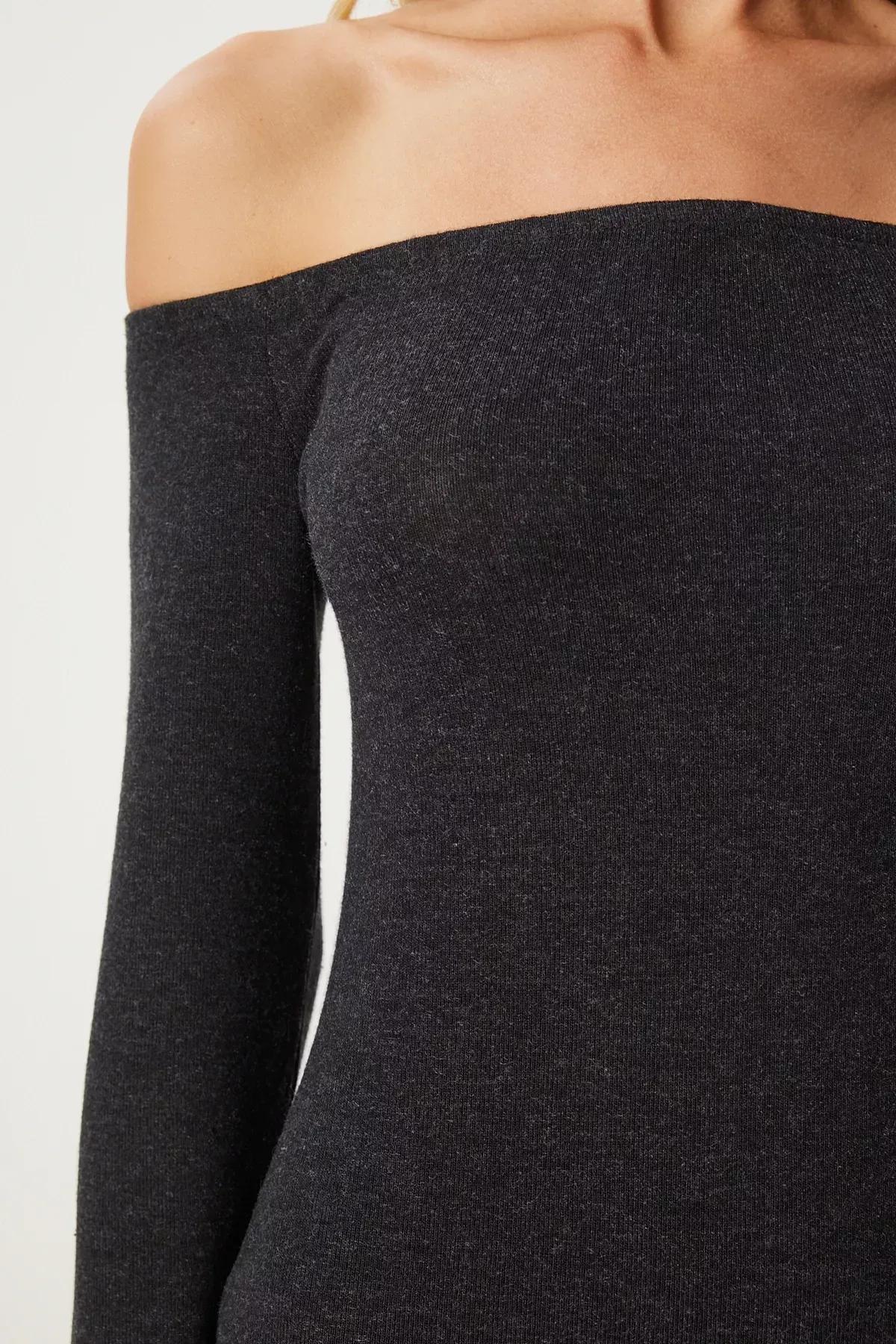 Grey Collared Long Knitted Dress, Anthracite, large image number 2