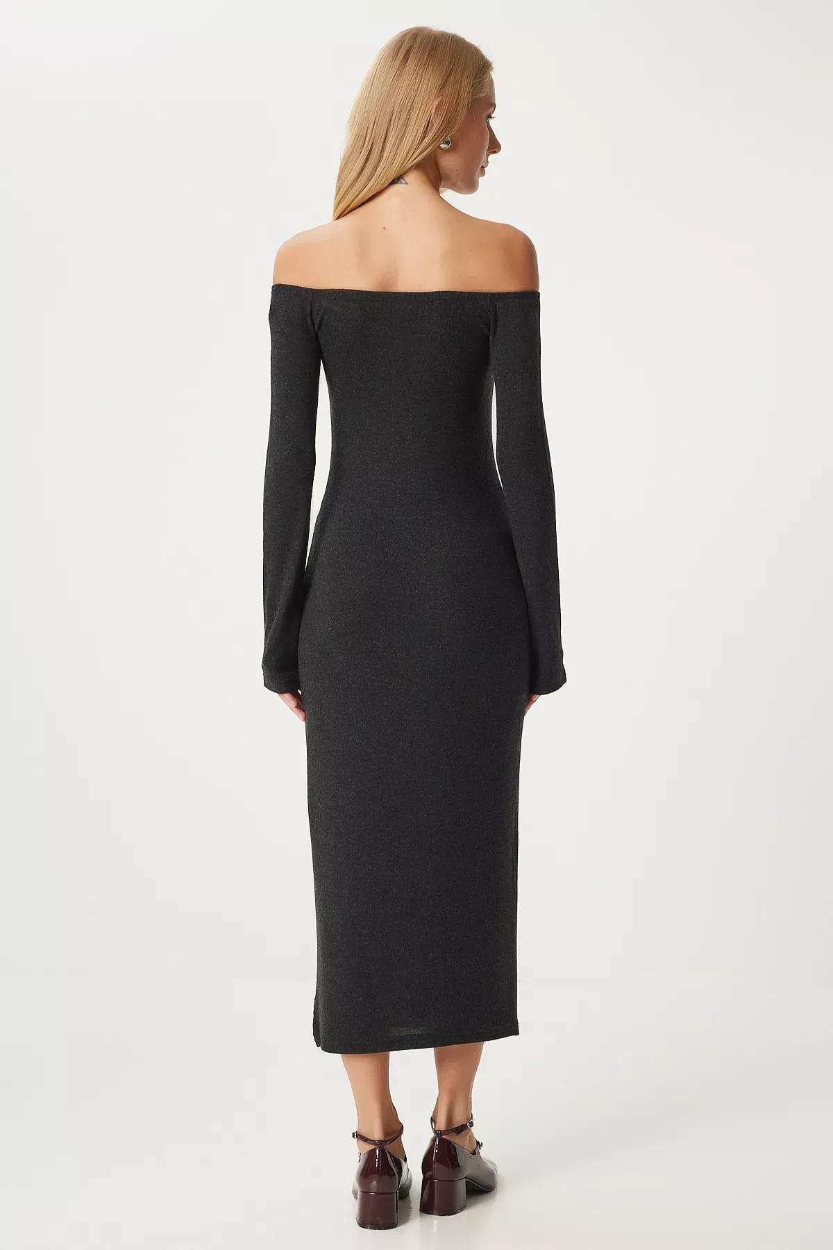 Grey Collared Long Knitted Dress, Anthracite, large image number 3
