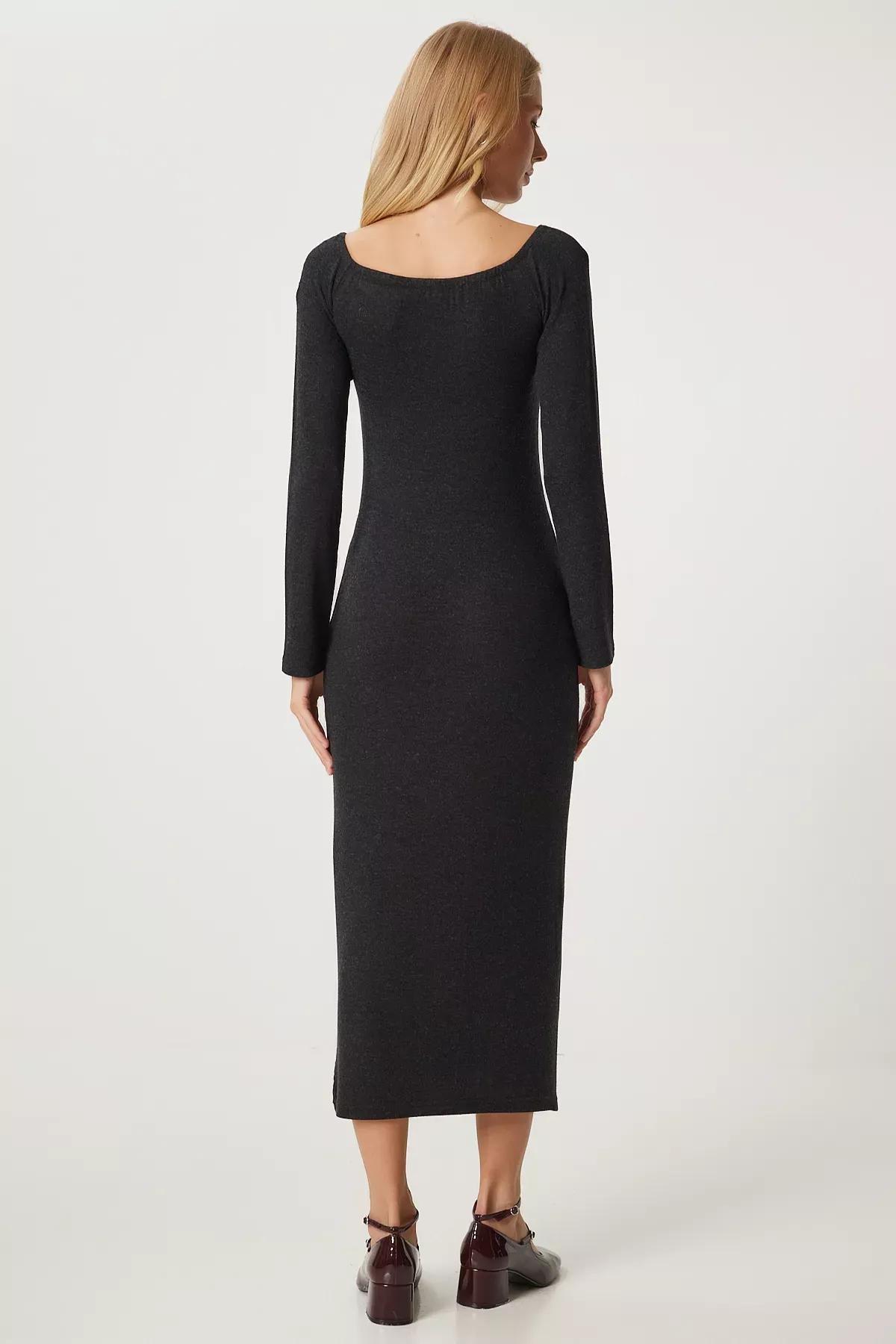 Grey Collared Long Knitted Dress, Anthracite, large image number 4