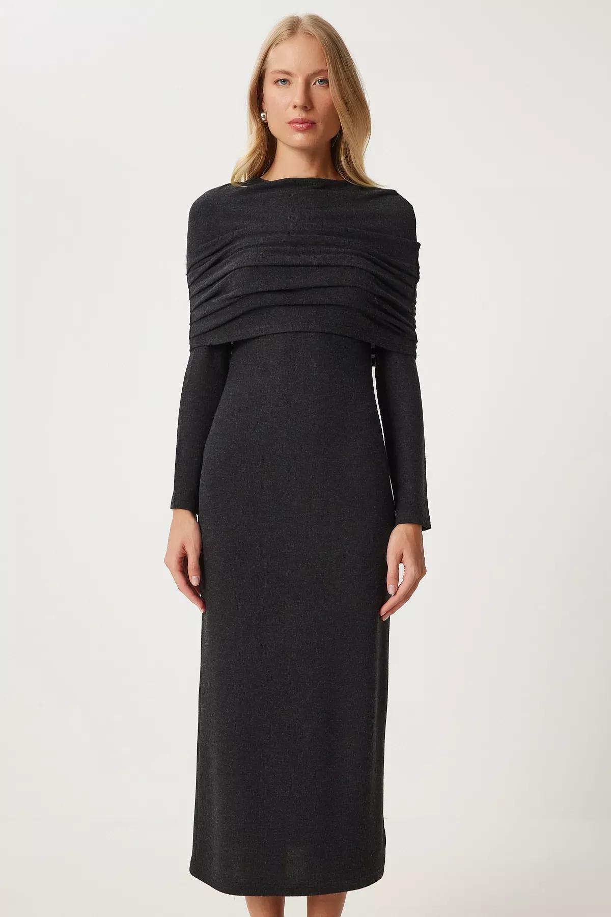 Grey Collared Long Knitted Dress, Anthracite, large image number 5
