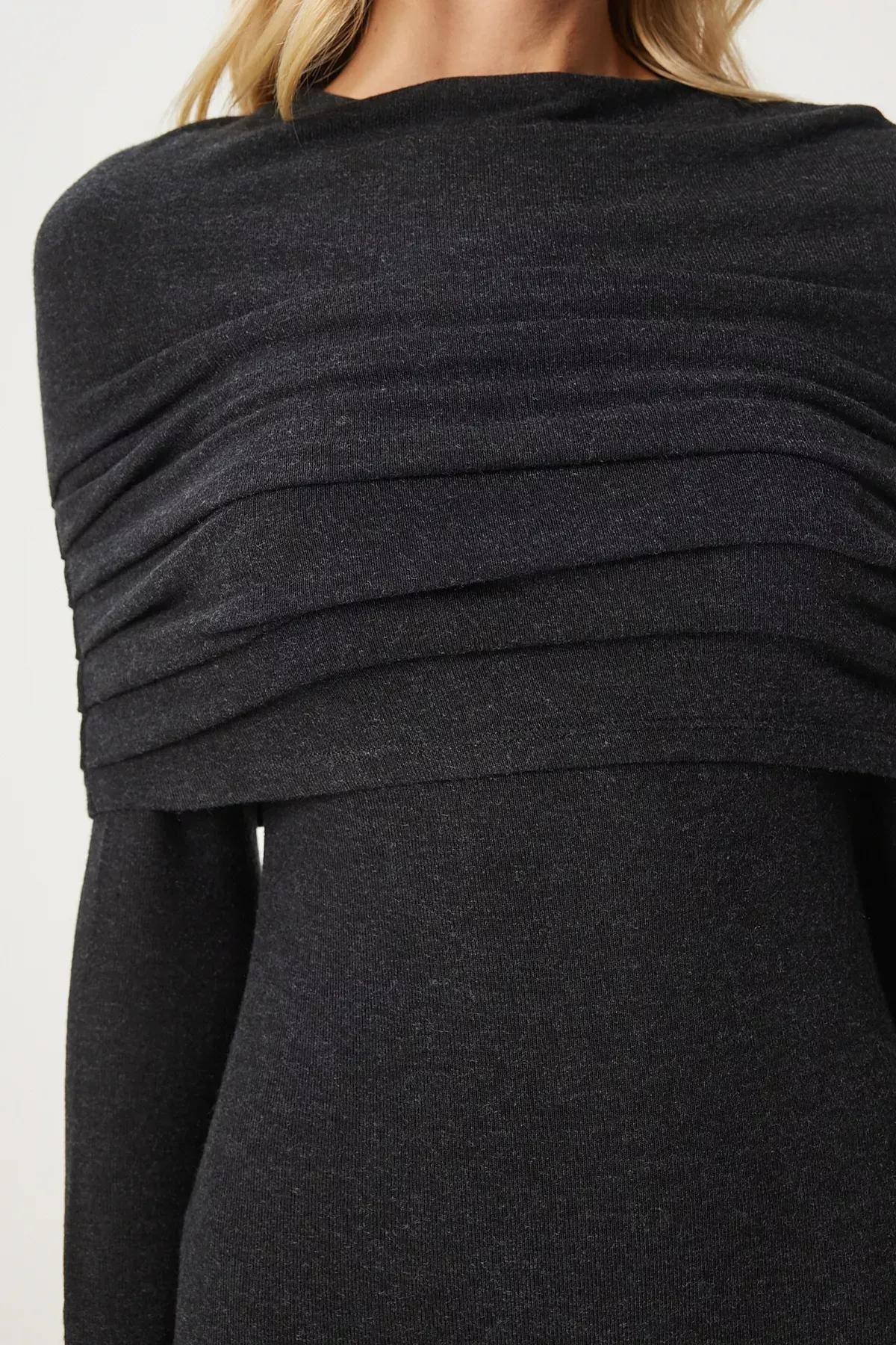 Grey Collared Long Knitted Dress, Anthracite, large image number 6