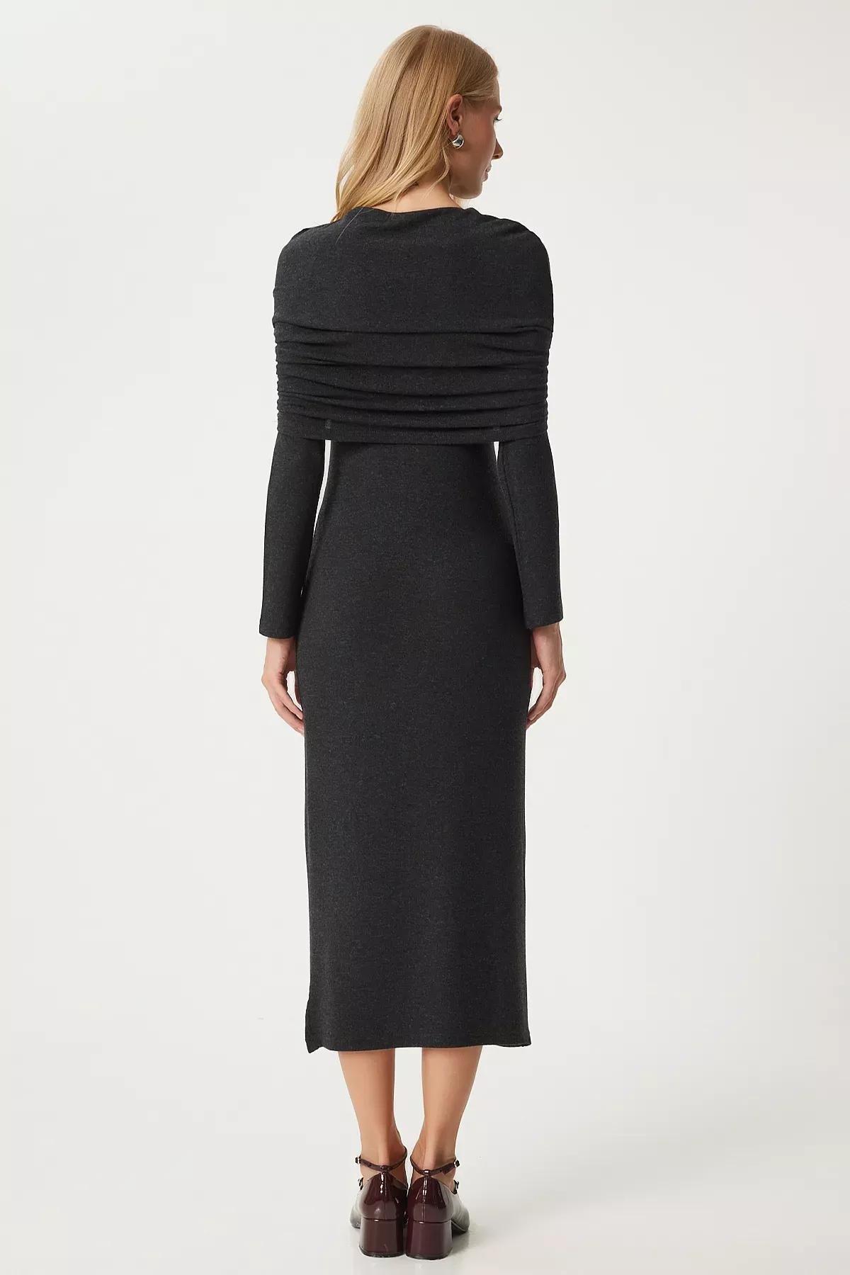 Grey Collared Long Knitted Dress, Anthracite, large image number 7