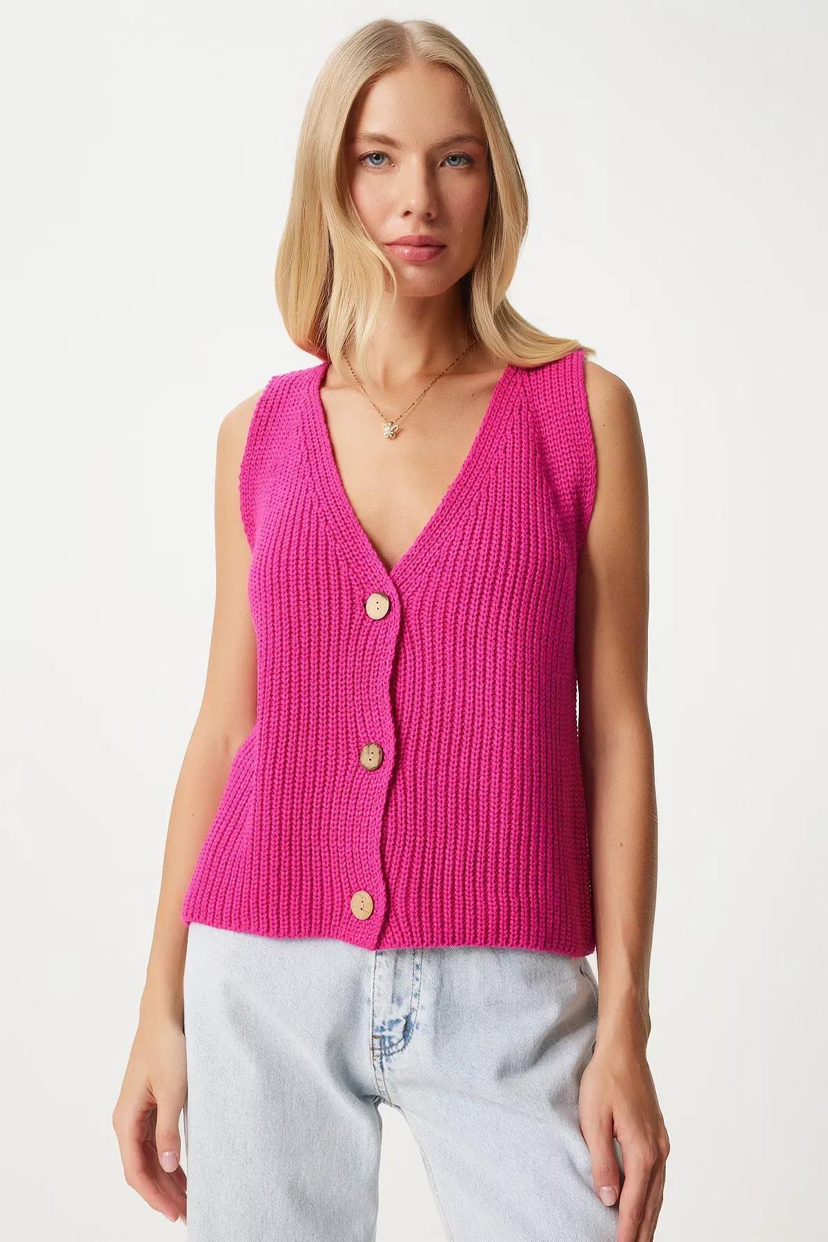 Pink V-Neck Knitwear Vest, Pink, large image number 1
