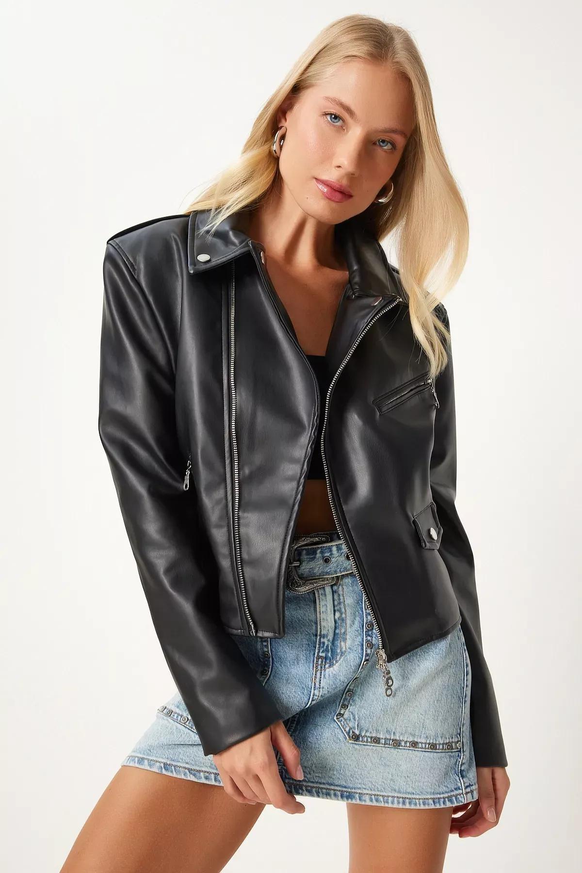 Black Faux Leather Crop Biker Jacket, BLACK, large image number 0