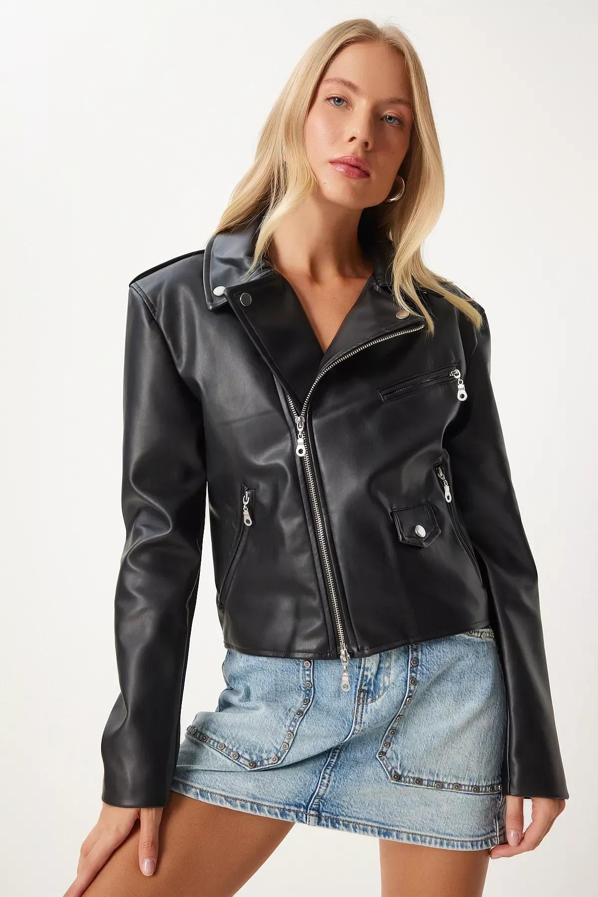 Black Faux Leather Crop Biker Jacket, BLACK, large image number 2