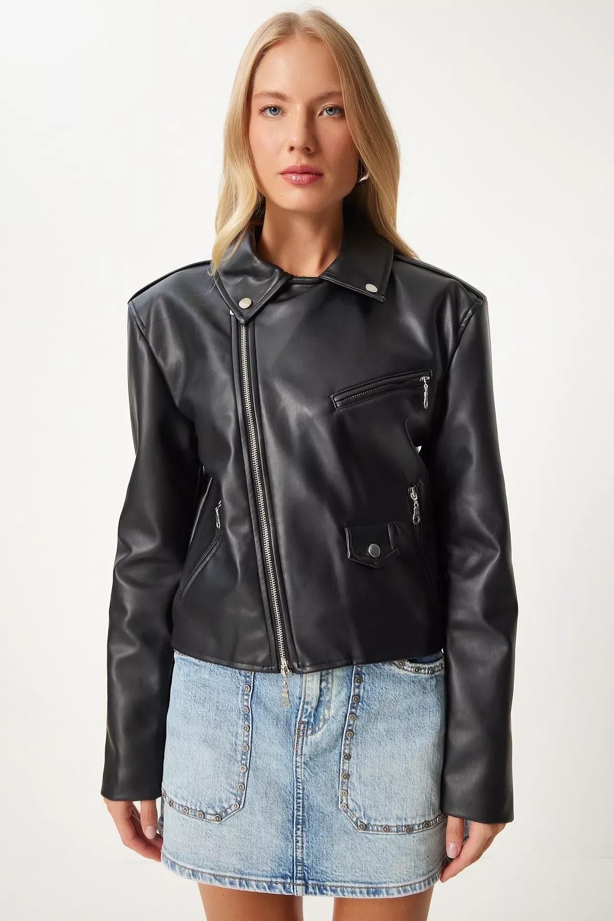 Black Faux Leather Crop Biker Jacket, BLACK, large image number 3