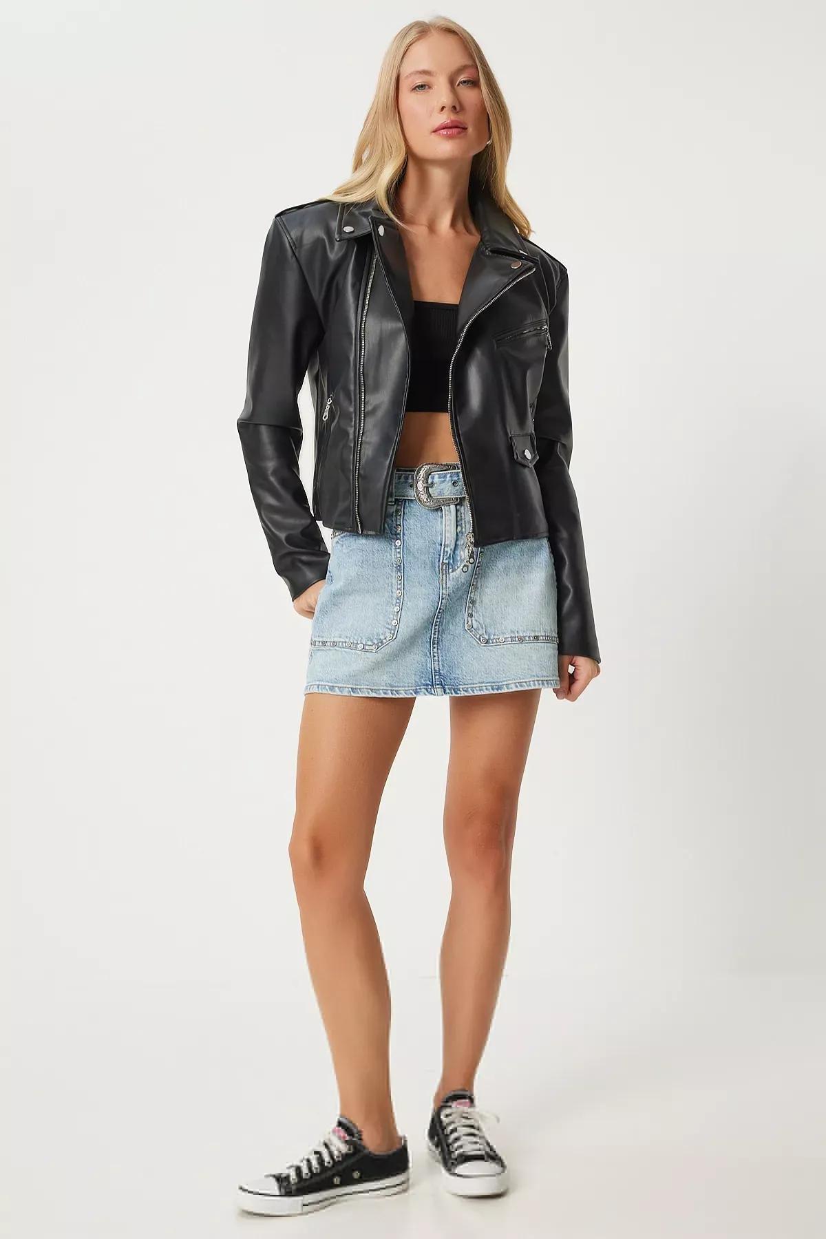 Black Faux Leather Crop Biker Jacket, BLACK, large image number 4