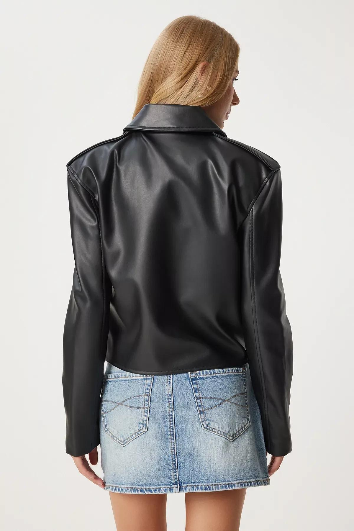 Black Faux Leather Crop Biker Jacket, BLACK, large image number 5