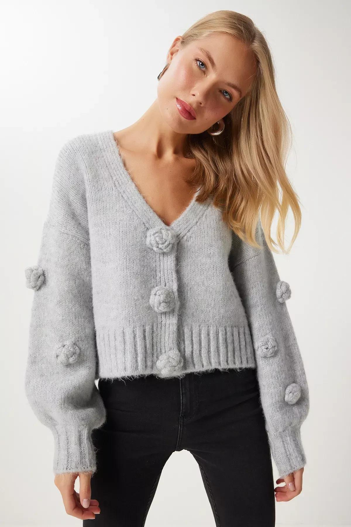 Grey Detailed Knitted Cardigan, Grey, large image number 0