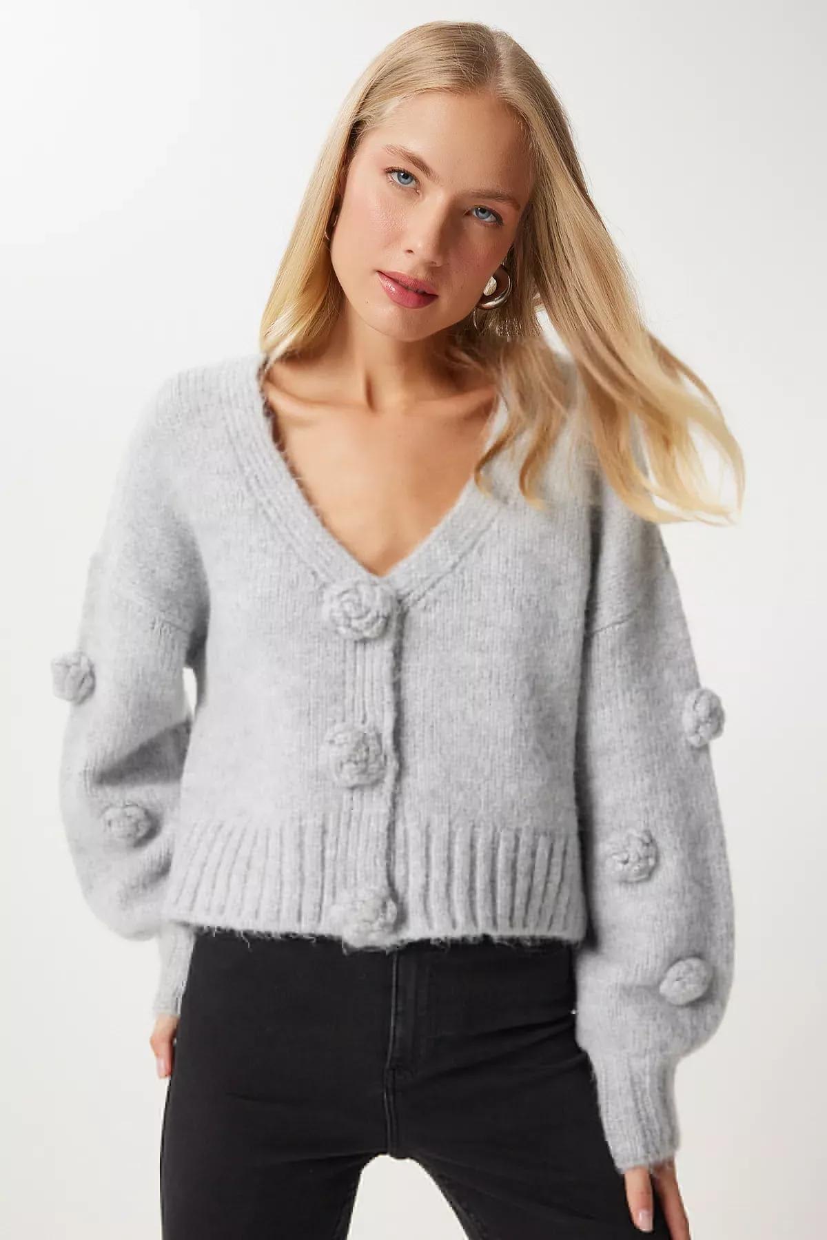 Grey Detailed Knitted Cardigan, Grey, large image number 1