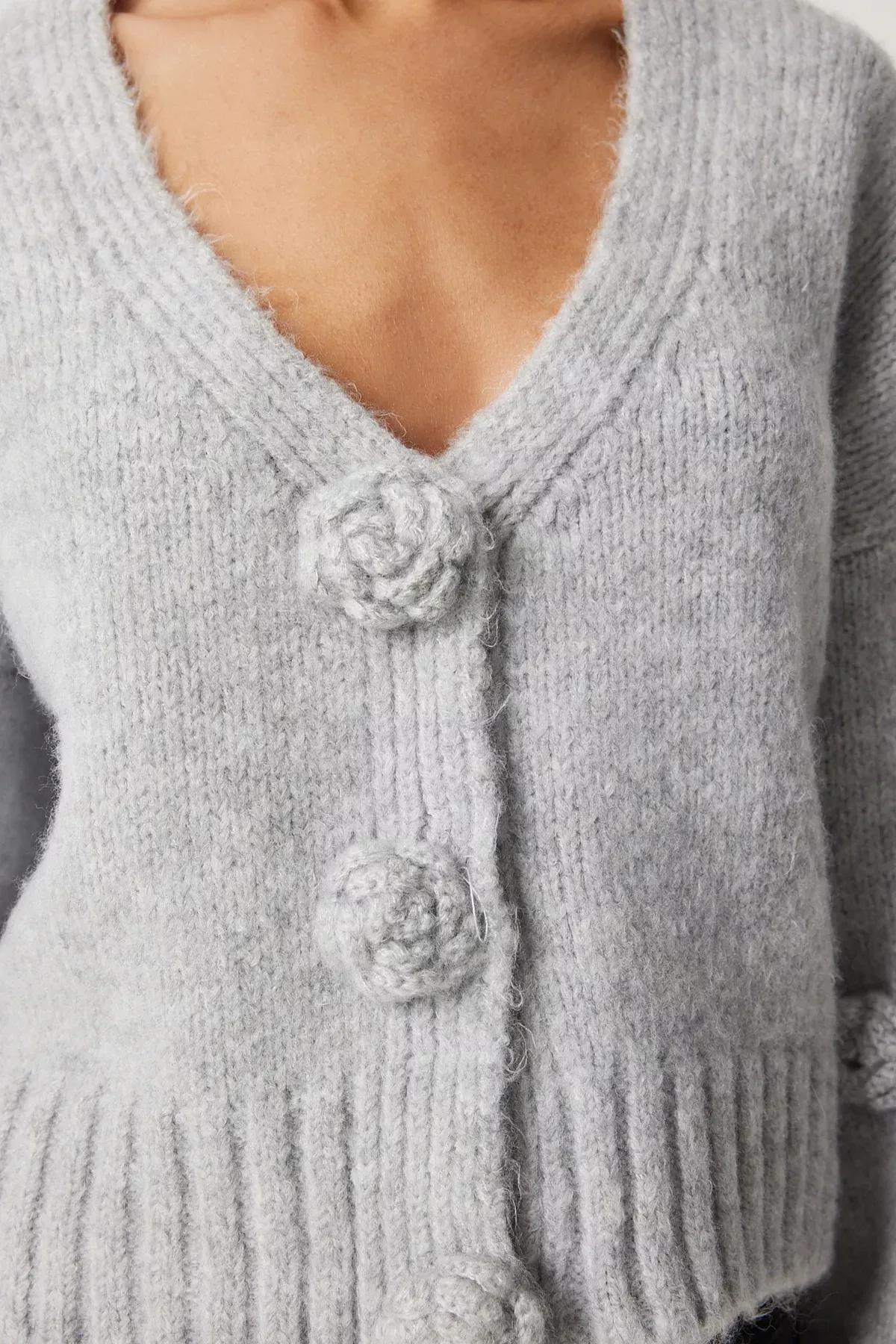 Grey Detailed Knitted Cardigan, Grey, large image number 2