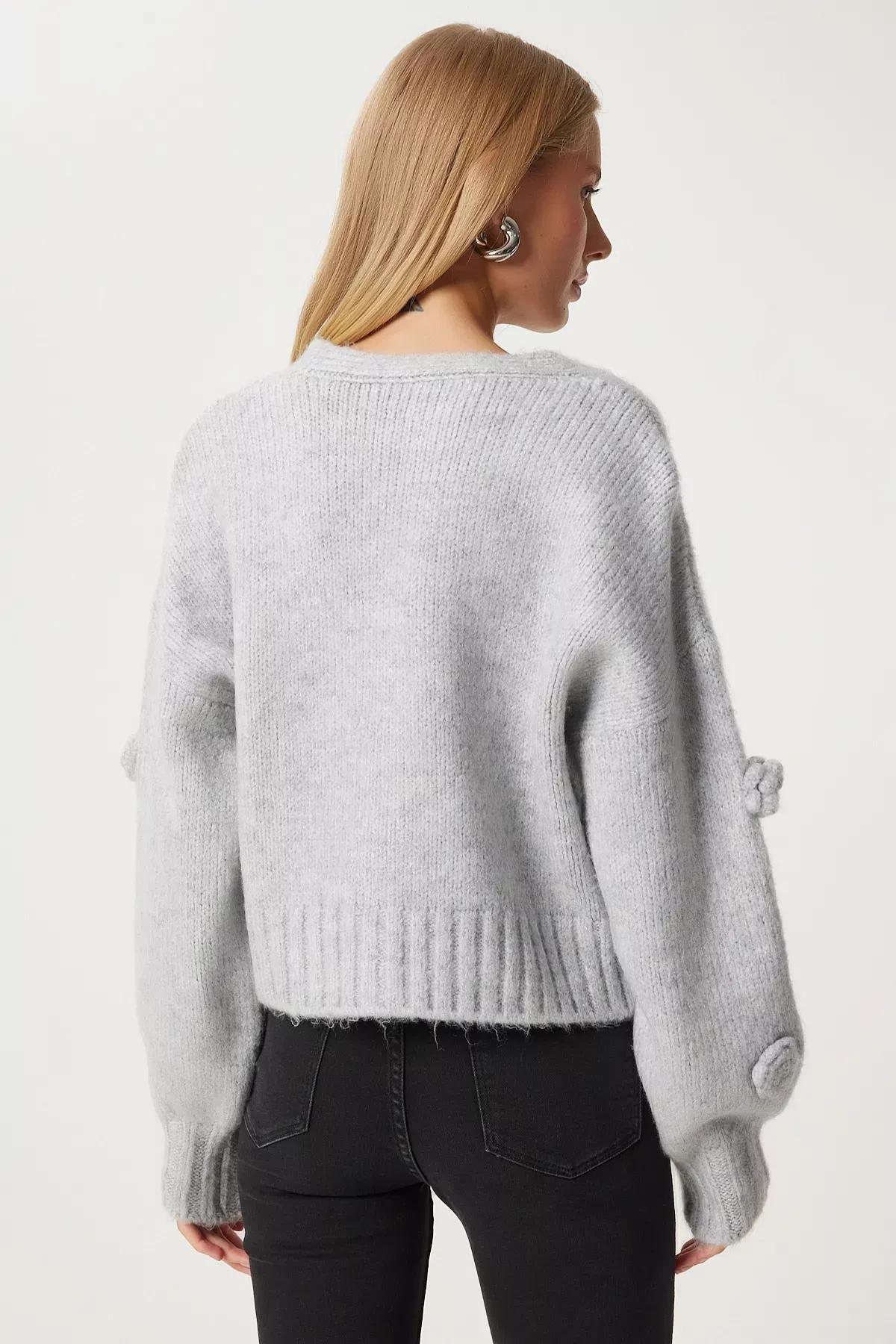 Grey Detailed Knitted Cardigan, Grey, large image number 4