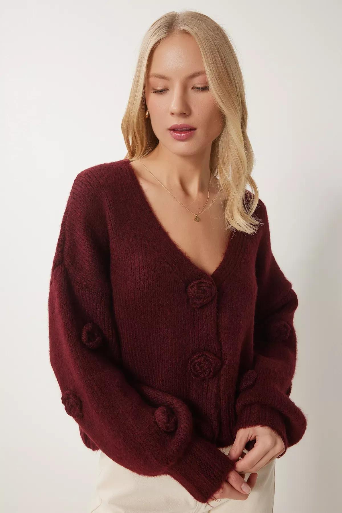 Burgundy Detailed Knitted Cardigan, C101_7277, large image number 0