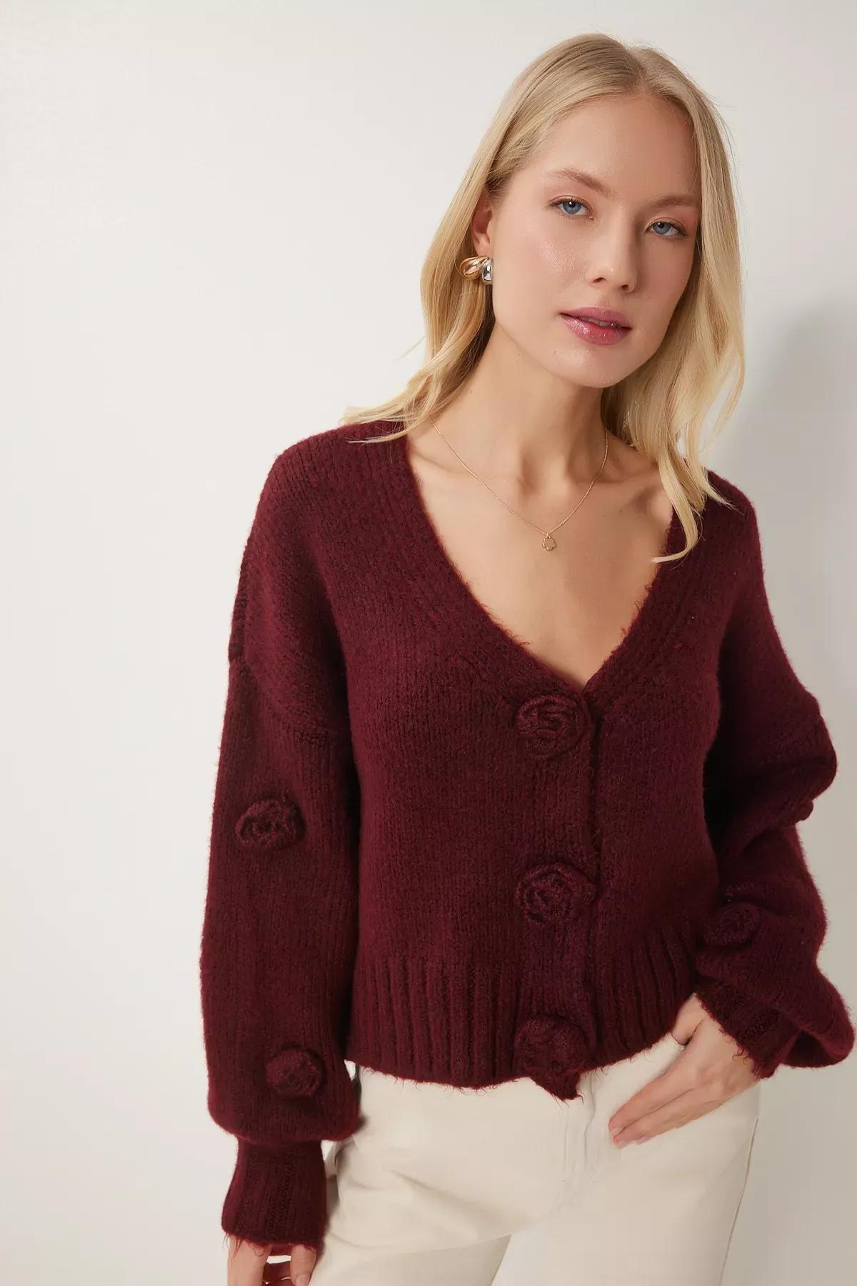 Burgundy Detailed Knitted Cardigan, C101_7277, large image number 1