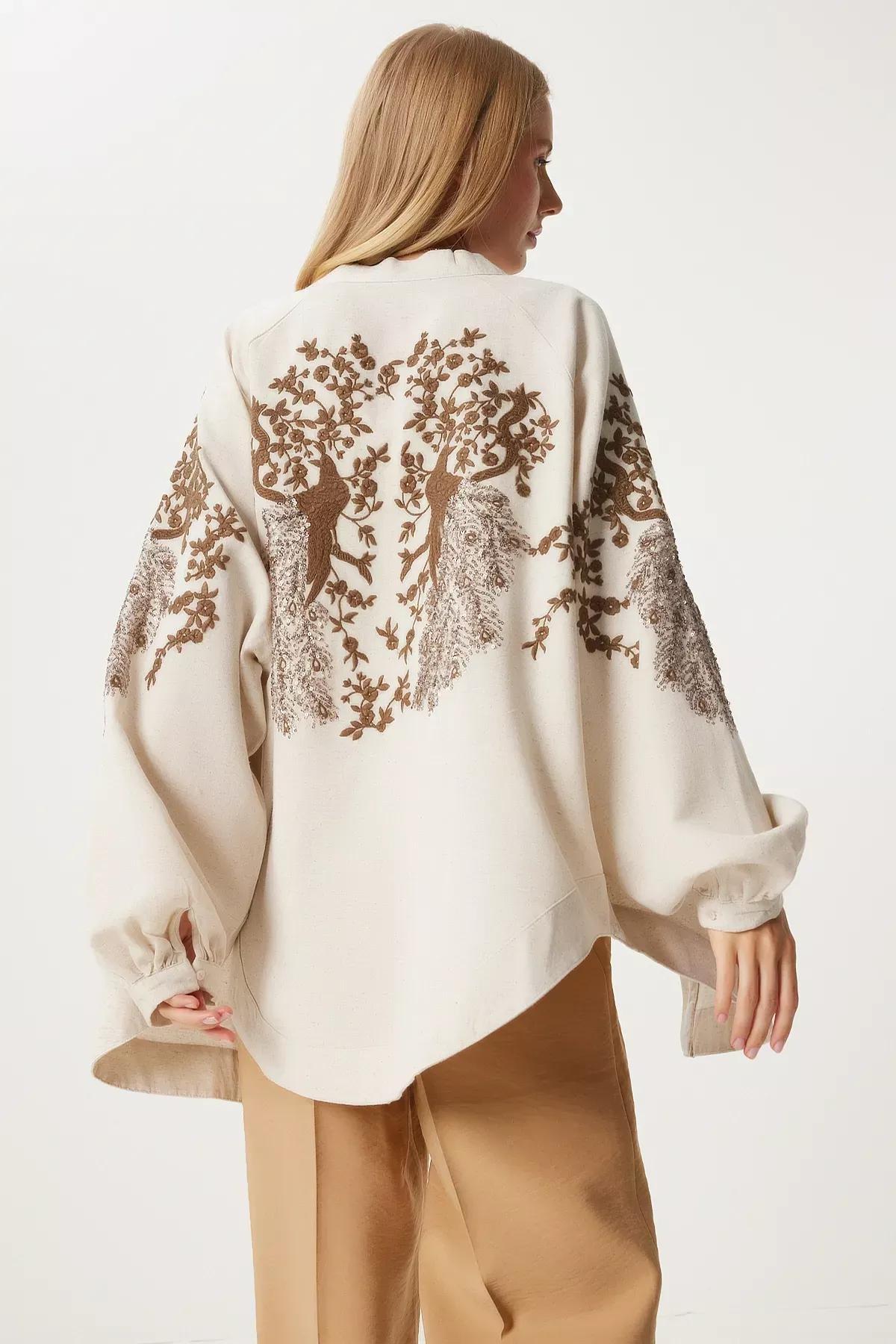 Cream Brown Embroidered Linen Kimono, Cream Brown, large image number 0