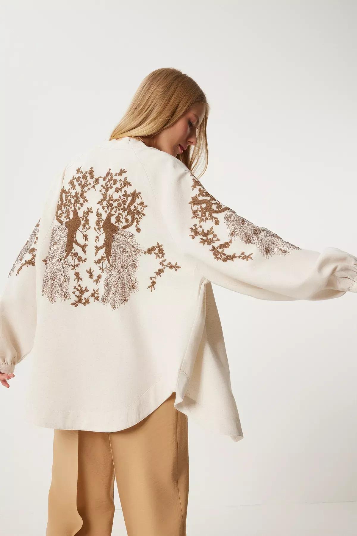 Cream Brown Embroidered Linen Kimono, Cream Brown, large image number 1
