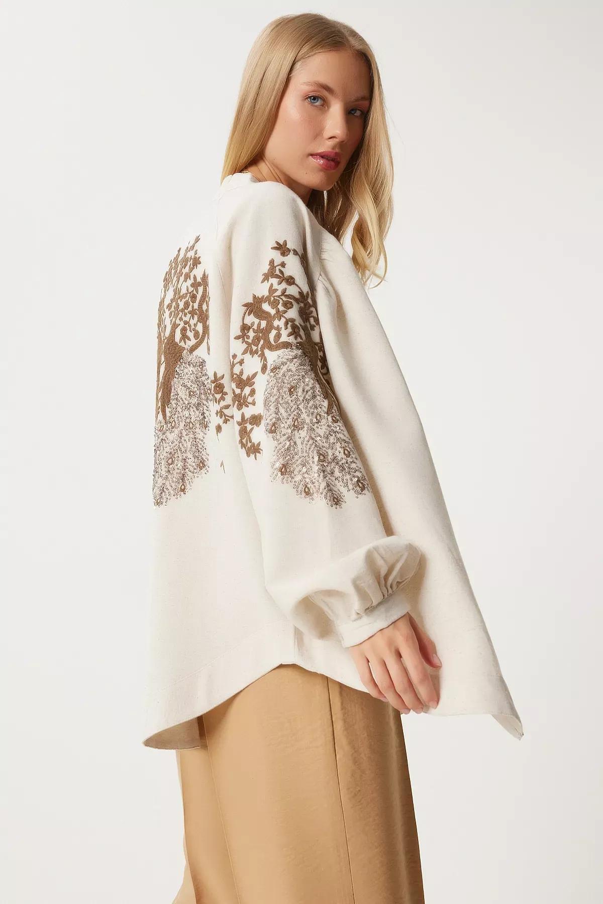 Cream Brown Embroidered Linen Kimono, Cream Brown, large image number 2