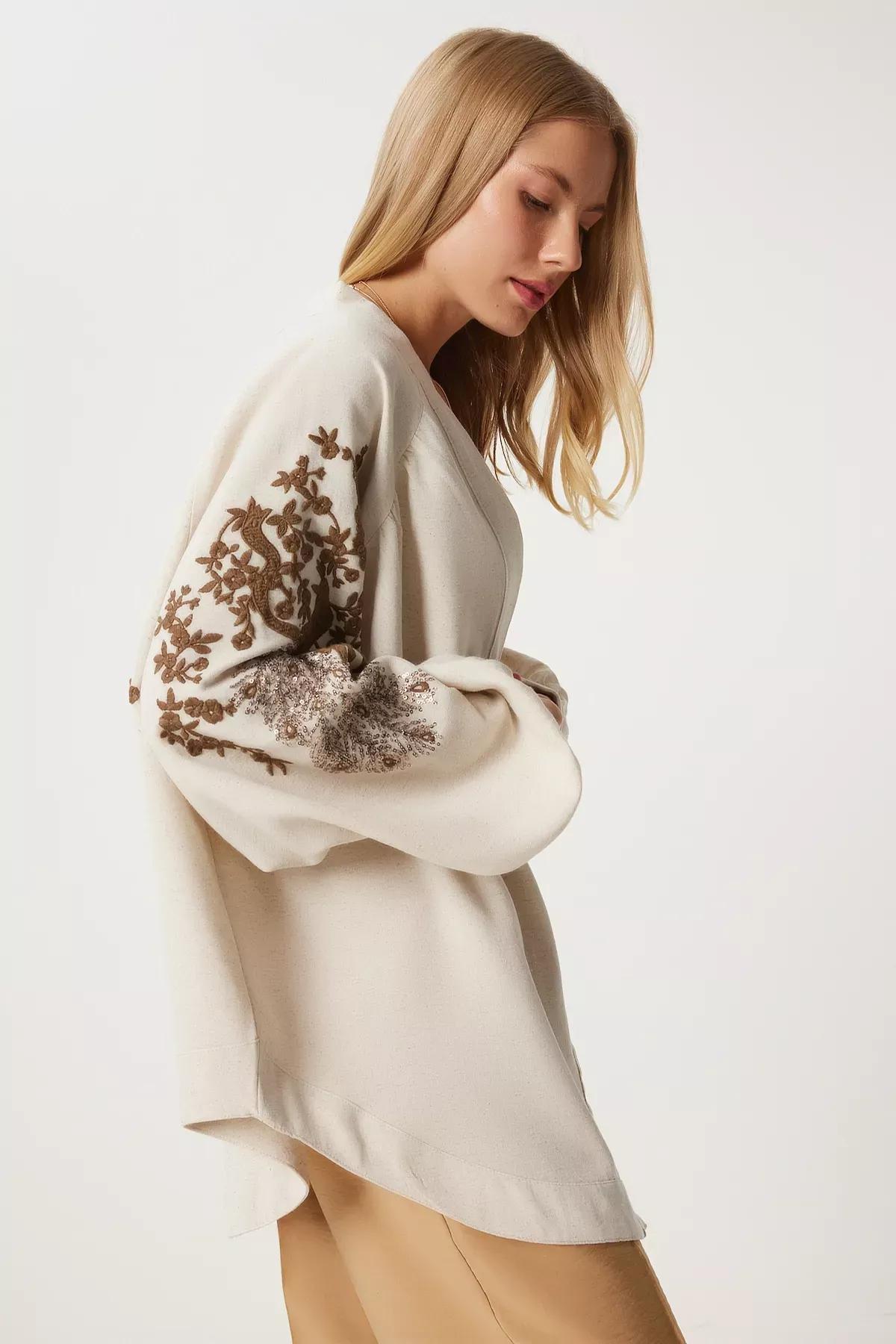 Cream Brown Embroidered Linen Kimono, Cream Brown, large image number 3
