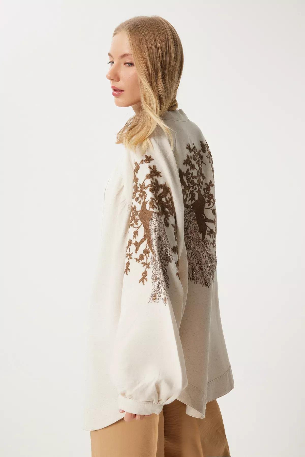 Cream Brown Embroidered Linen Kimono, Cream Brown, large image number 4