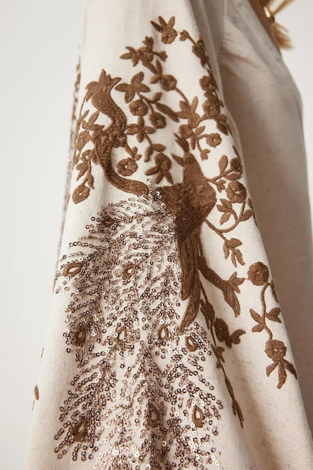 Cream Brown Embroidered Linen Kimono, Cream Brown, large image number 5
