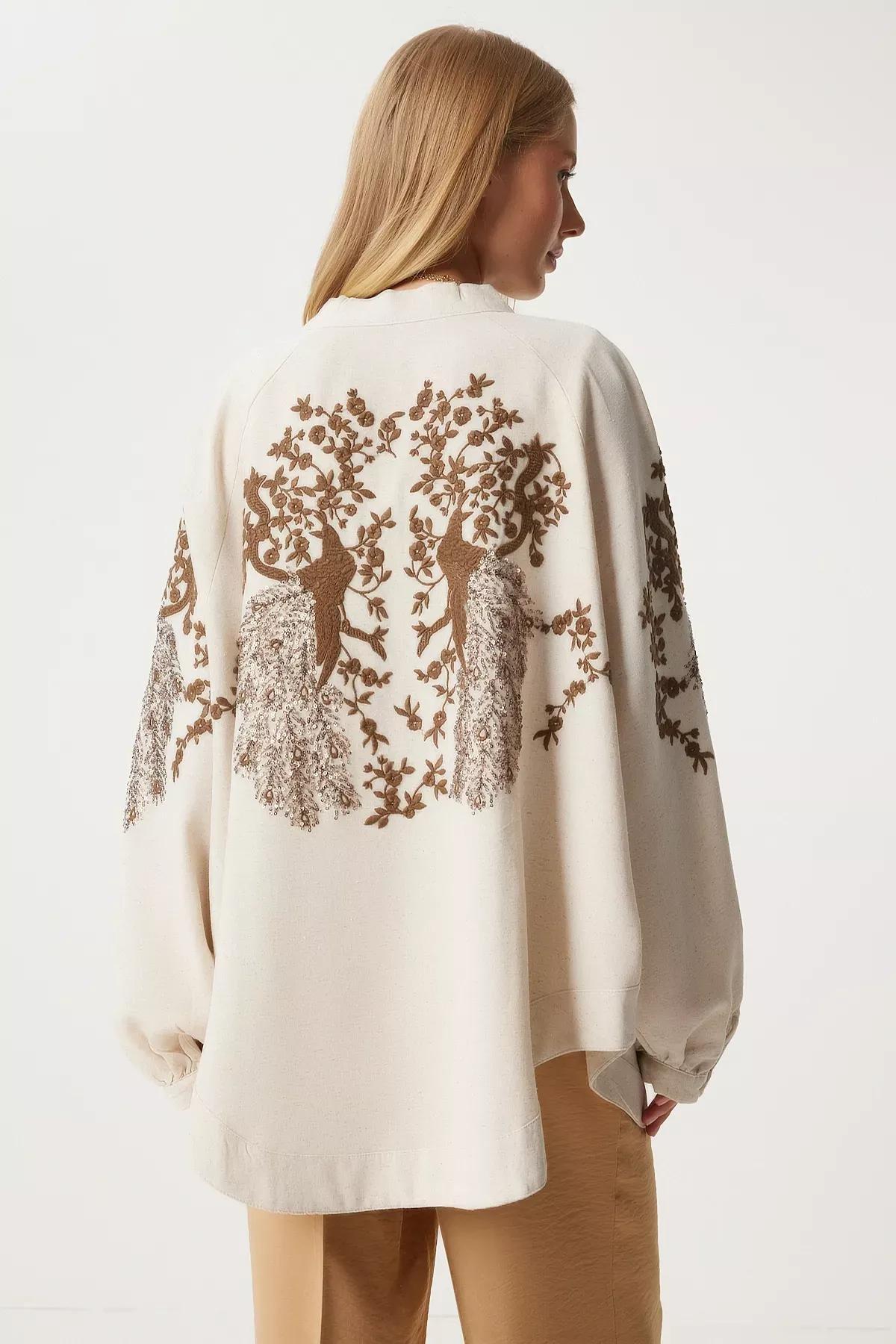 Cream Brown Embroidered Linen Kimono, Cream Brown, large image number 6
