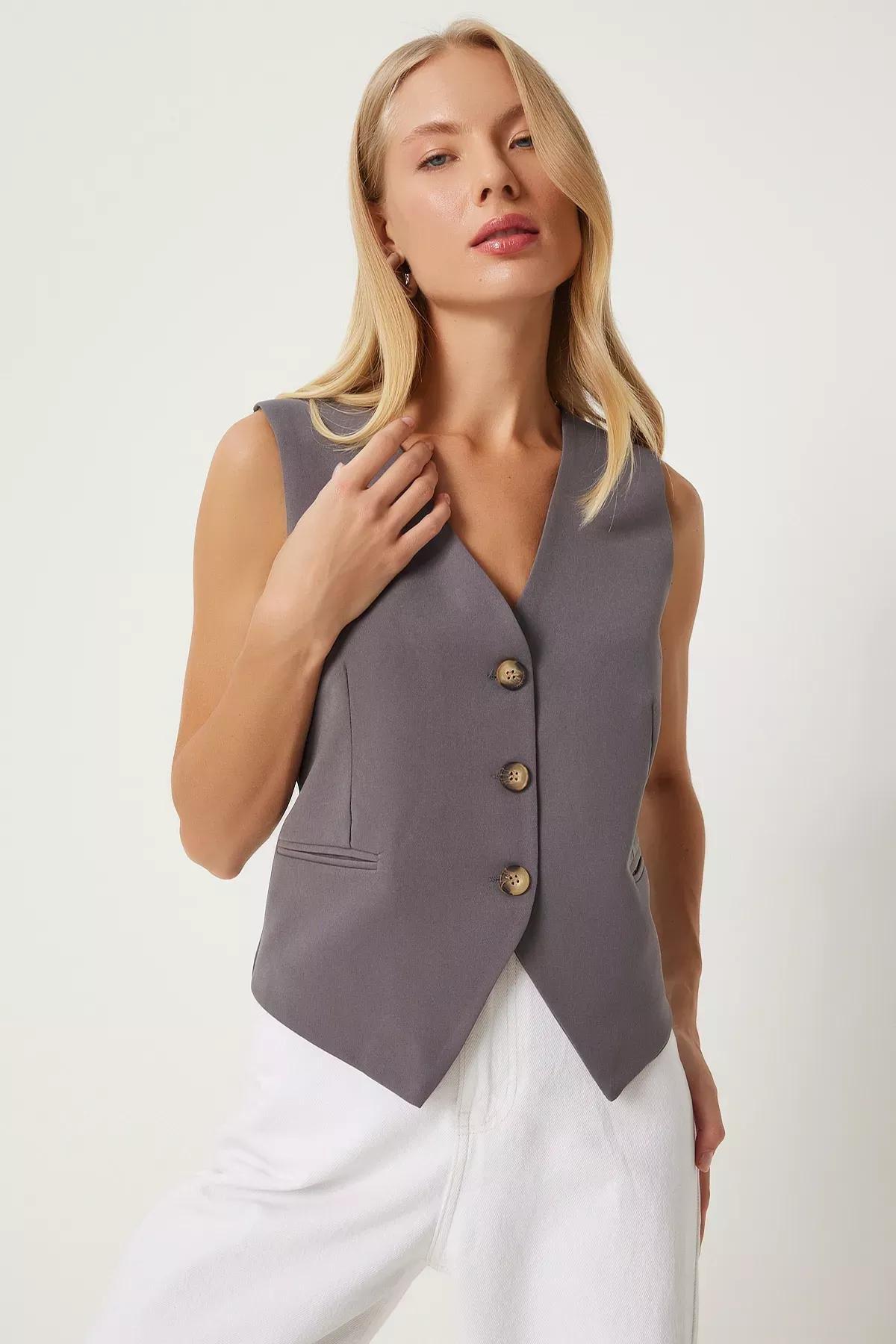 Grey V-Neck Woven Vest, Grey, large image number 1