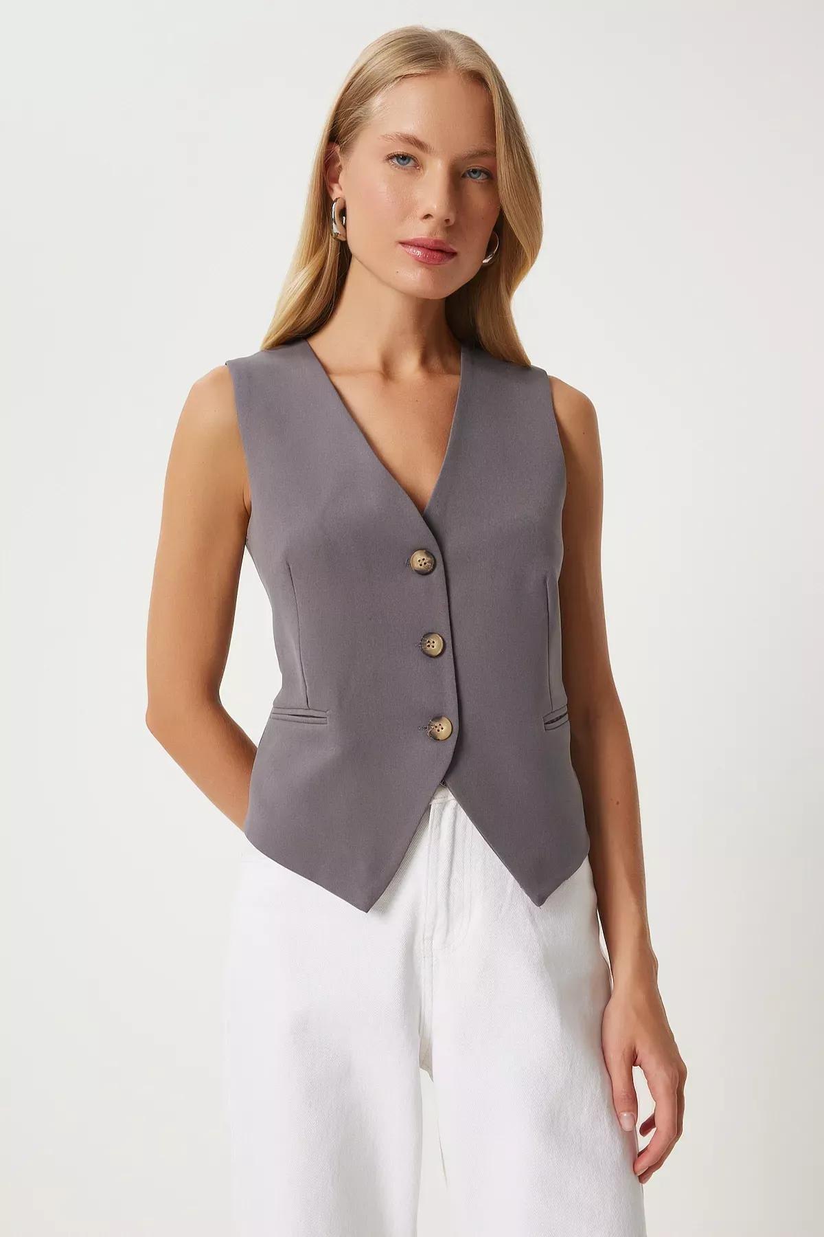 Grey V-Neck Woven Vest, Grey, large image number 2