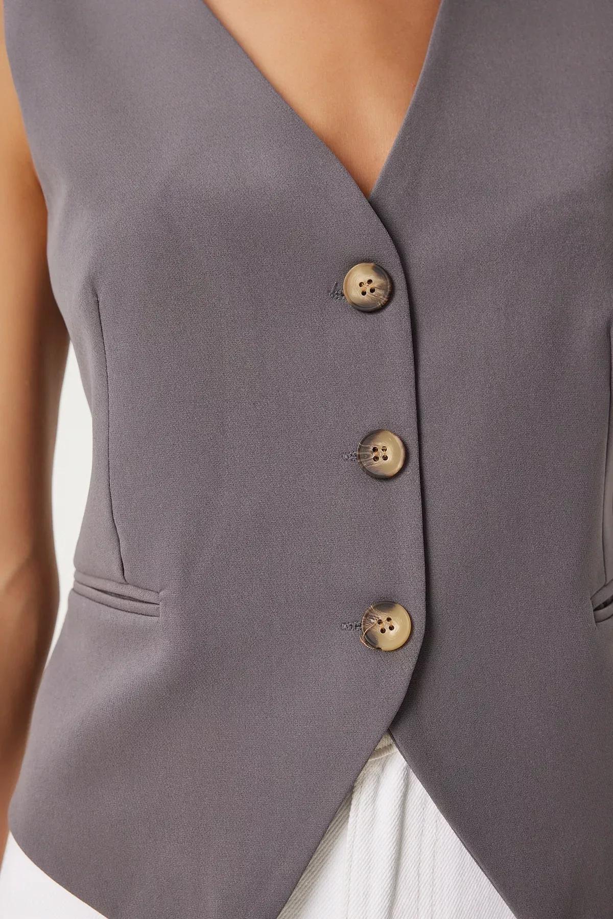 Grey V-Neck Woven Vest, Grey, large image number 3