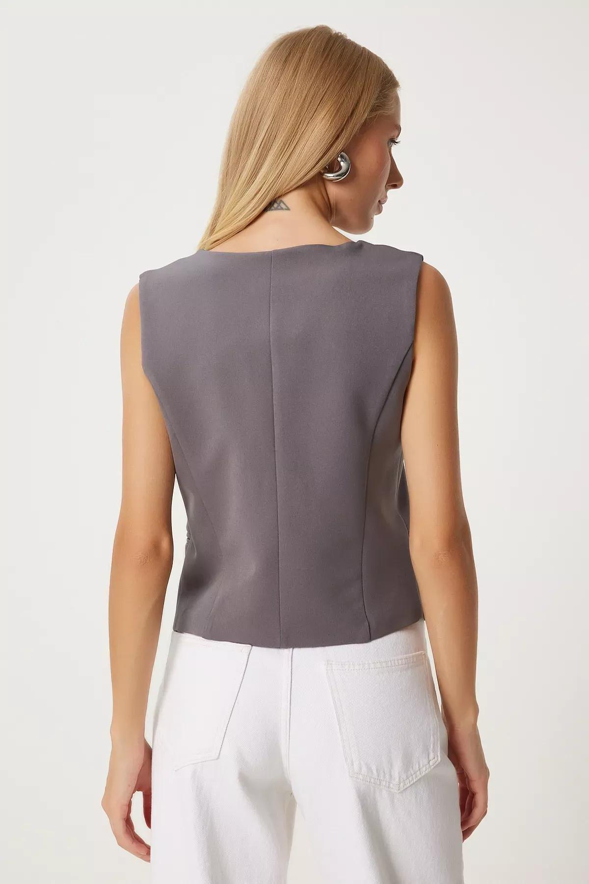 Grey V-Neck Woven Vest, Grey, large image number 4