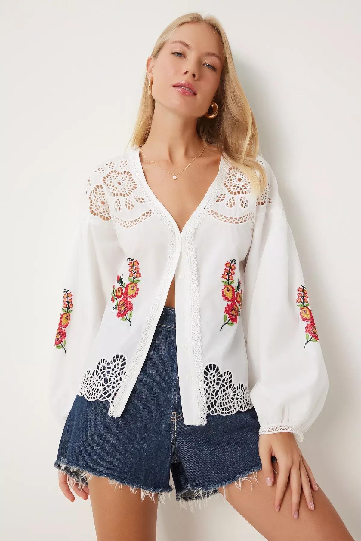 Beige Openwork Embroidered Woven Shirt, , large image number 0
